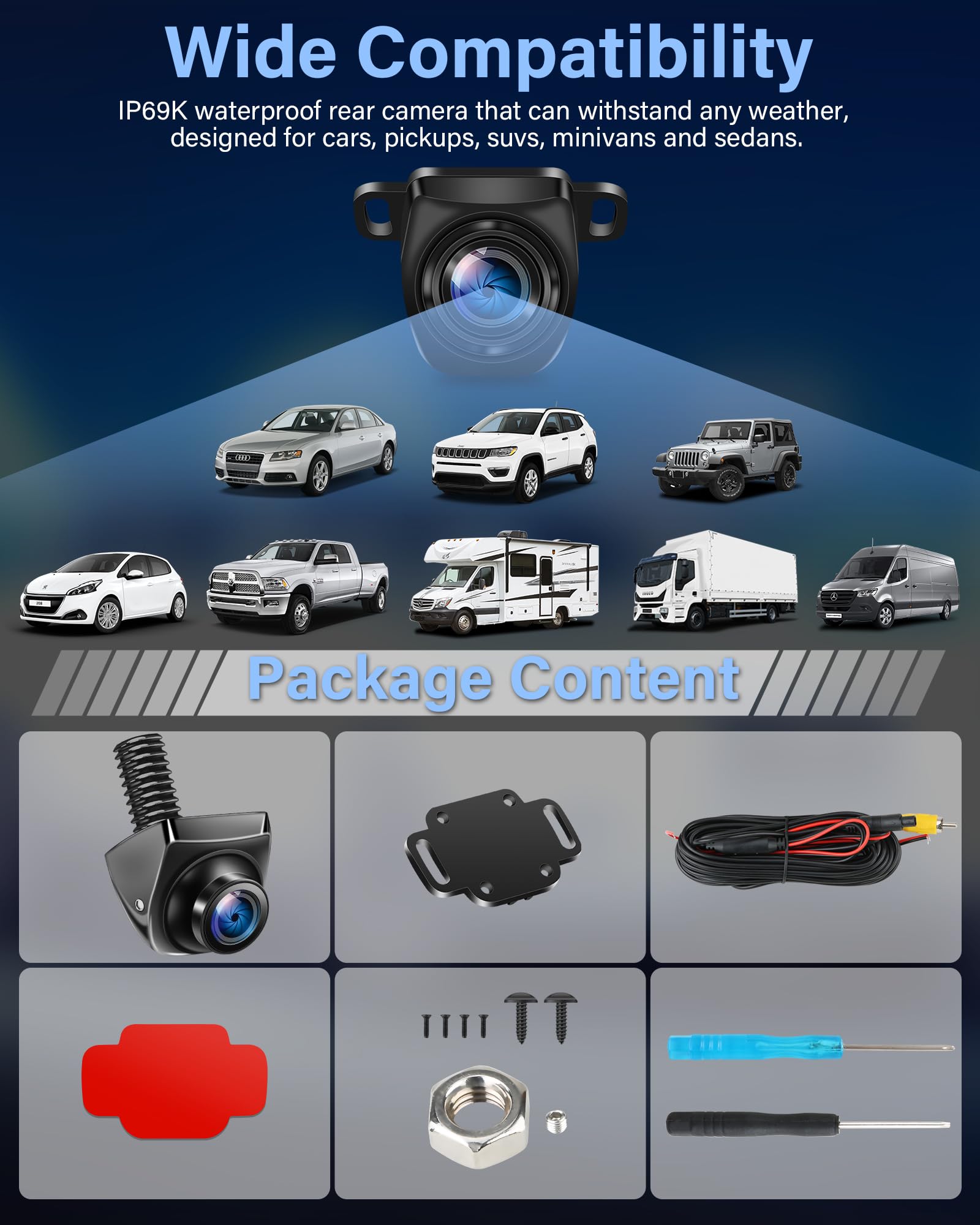 AHD 1080P Rückfahrkamera 360°+90° Drehbar Metallgehäuse Universal Nachtsicht 170° Weitwinkel IP69 Wasserdicht für Van SUV
