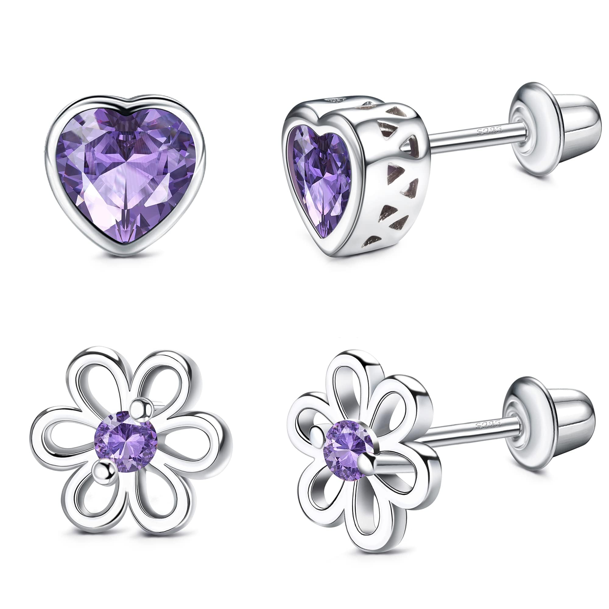 FIOROYAL 2 pares de pendientes de tornillo de plata de ley 925 para mujer corazón flor CZ tornillo en la parte posterior pendiente pendiente pendiente trago cartílago piercing joyería