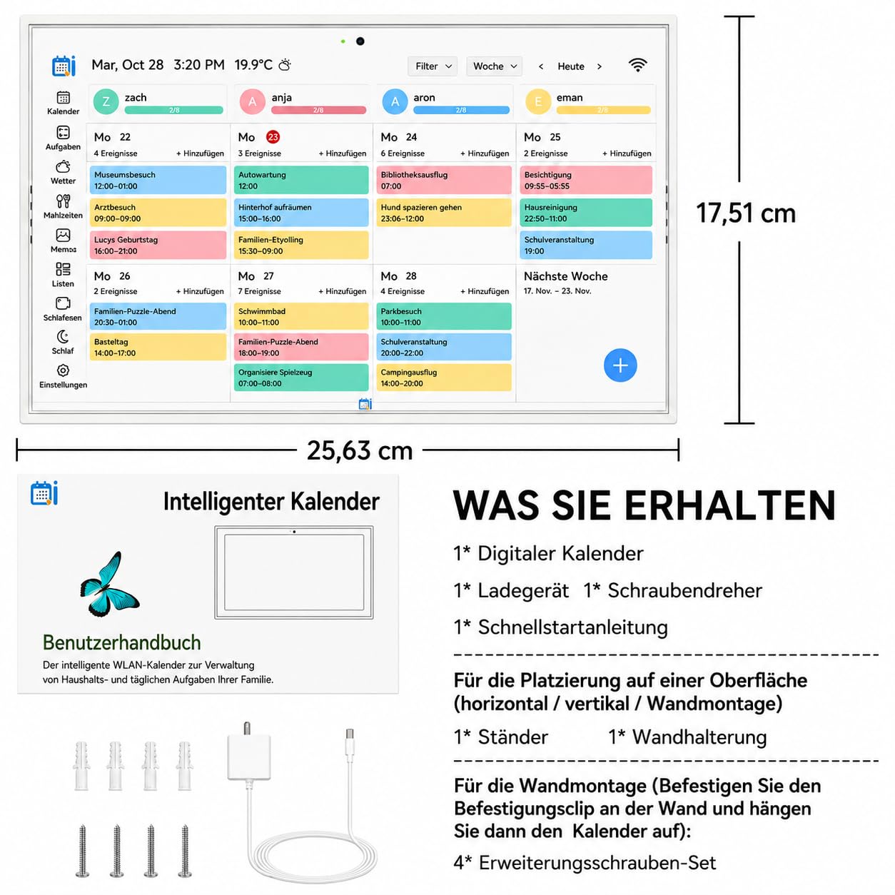 Digitaler Kalender, 10,1" Elektronischer Wandkalender, Intelligenter Digitaler Familienplaner, Belohnungen für Erreichte Ziele und Essensplaner, 1920 * 1080 Touchscreen