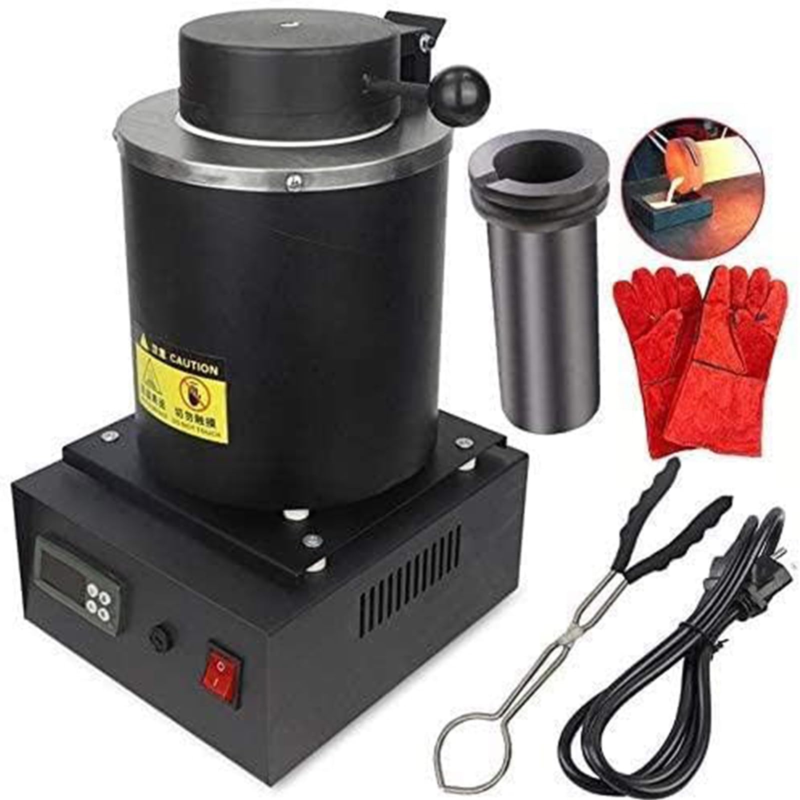 2kg piec do topienia złota, cyfrowy piec do topienia 1400 W, elektryczne szczypce do pieca do topienia z osłoną z siatki i tyglem grafitowym, do rafinacji metali Złoto Srebro,Black-1kg