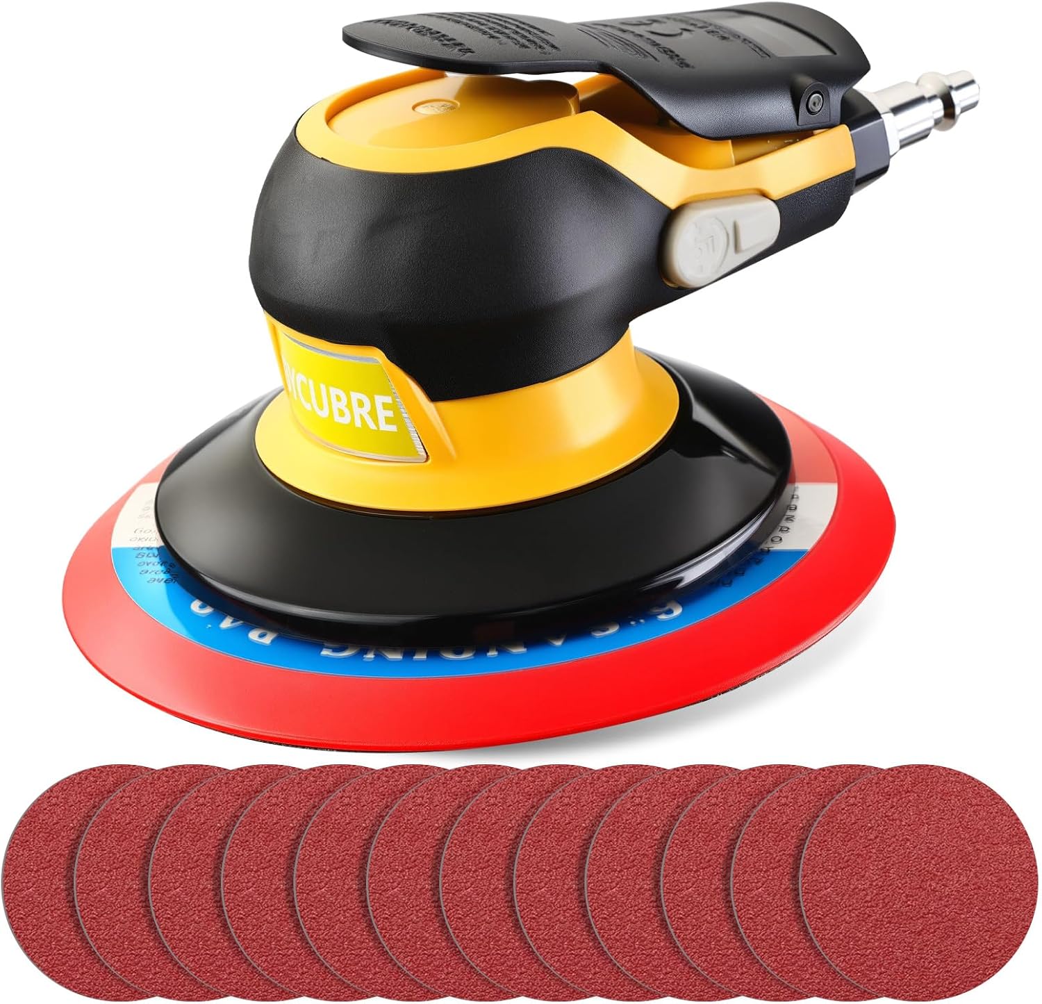 Low noise 5/6 Inch DA Sander for Auto Body - Lightweight, Powerful random orbital air sanders, Noise Reduction Design pneumatic sander (6 inch with 12 pcs Sandpaper)