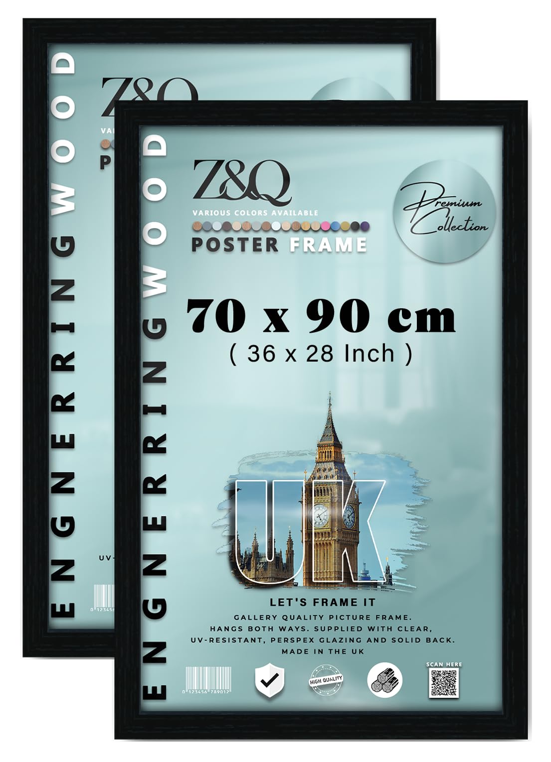 Z&Q pack of 2 Premium MDF Wood Poster Frame (70 x 90 CM) Rustic Wall Art, Engineered Wood Texture 36X28 Inch Stylish Display Frame, Office & Home [ Black ] — image 1
