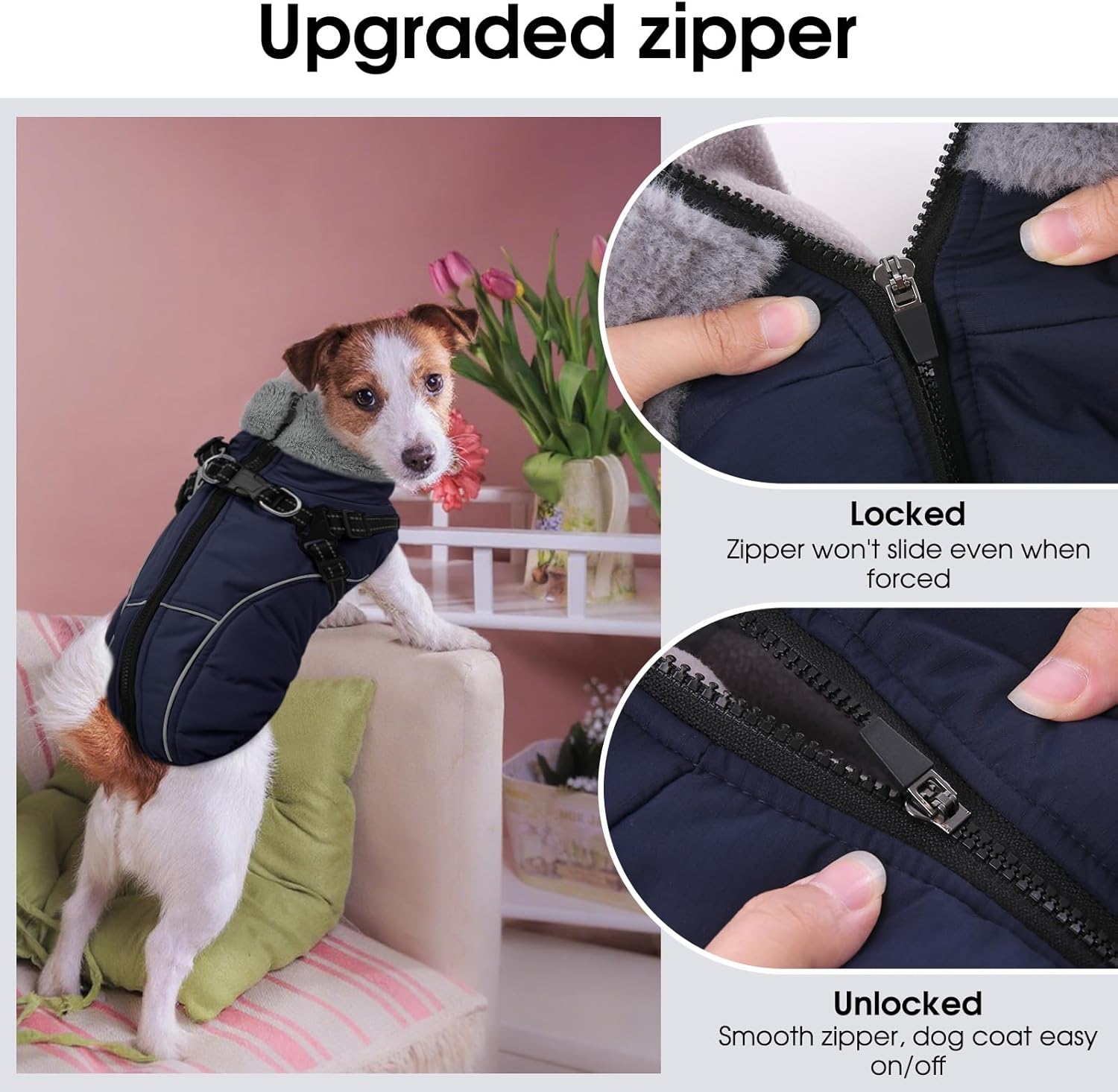 XL Dog Winter Coat with Harness Built in, Dog Puffer Jacket for Large Dogs, Pet Warm Winter Vest, Dark Blue XL