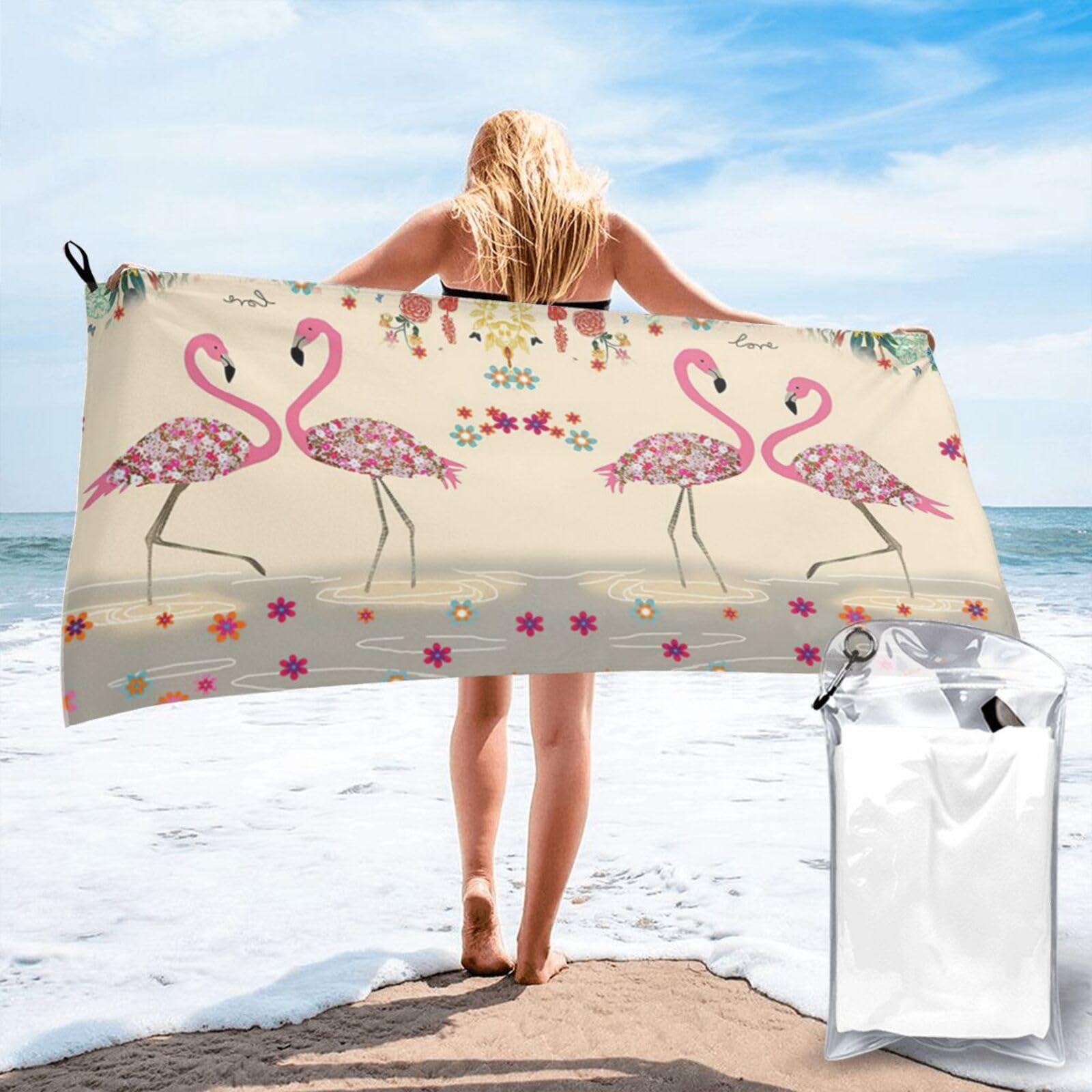 ENGhjes Flamingos And Flowers Print Camping Towel Fast Drying Bath Beach Shower Wrap For Gym Camping Vacation Adults Portable Gift