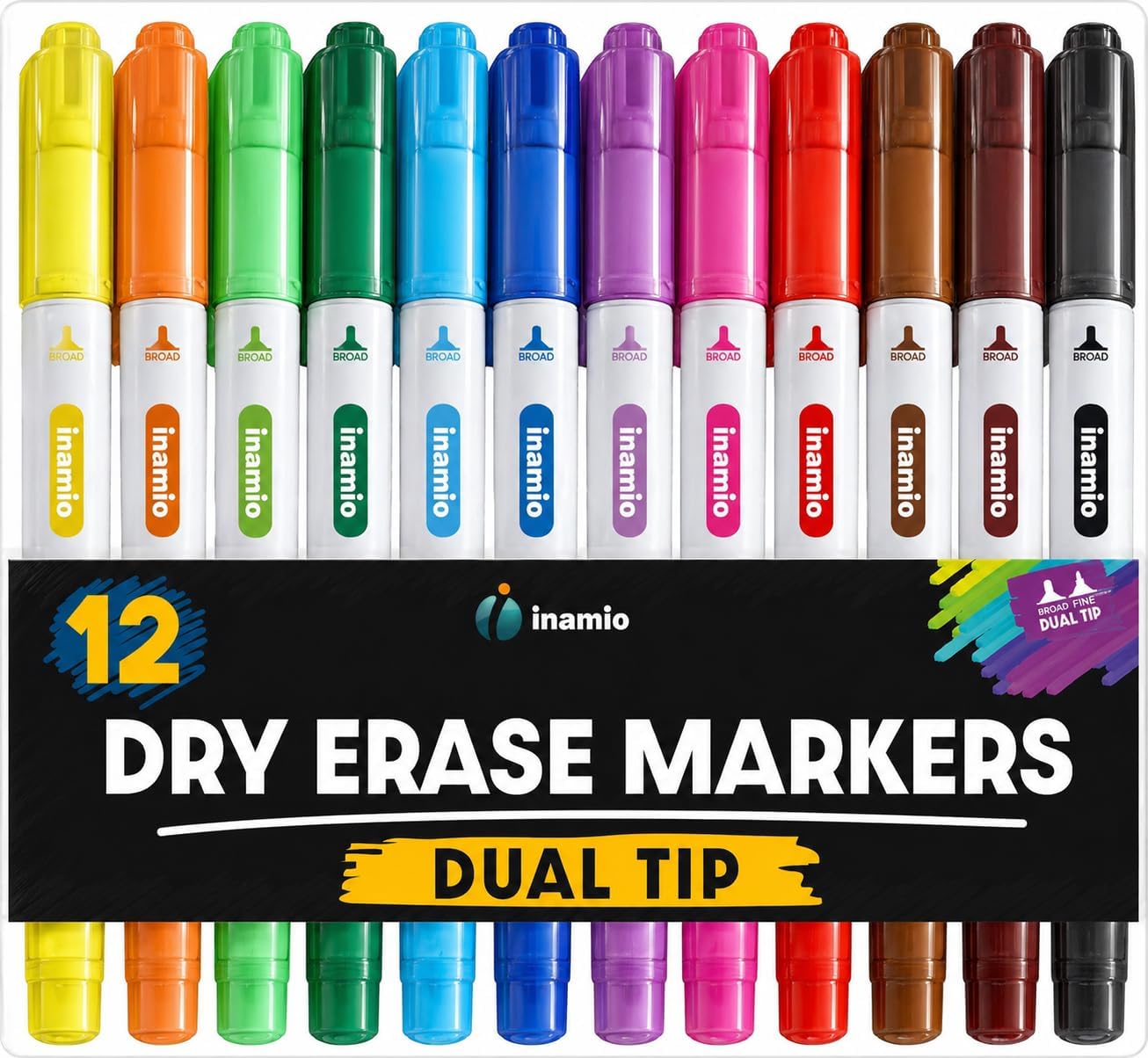 inamio Dry Erase Markers for Whiteboard โ Ultra Fine Tip White Board Markers โ Dual Tip, Pastel Colors - Fine Point Erasable Markers - 12 Set