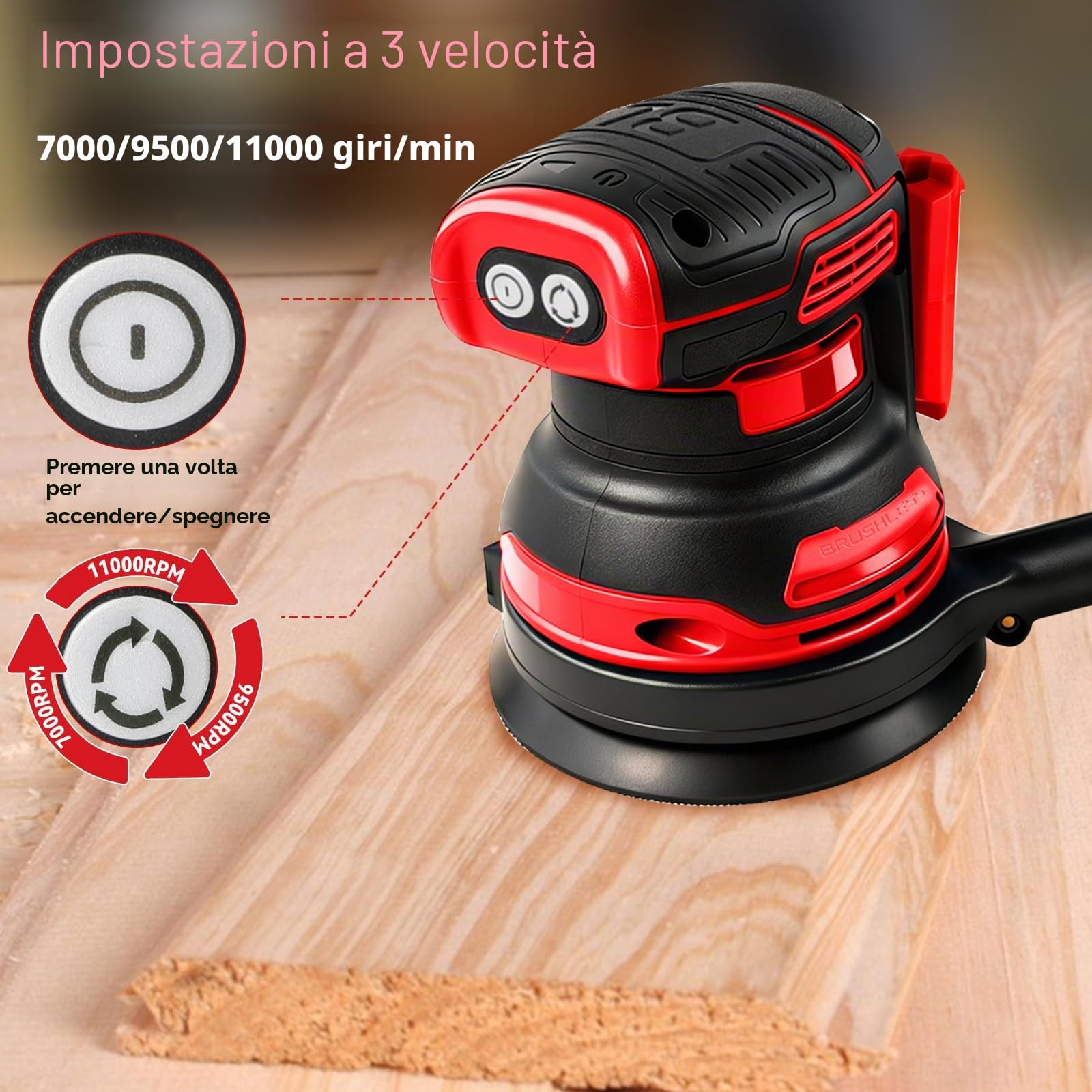 Levigatrice orbitale senza spazzole per Milwaukee M18 a batteria da 18 V, levigatrice eccentrica a batteria da 125 mm, con 20 fogli di carta vetrata da 125 mm, rotazione a 3 velocità, 8 fori