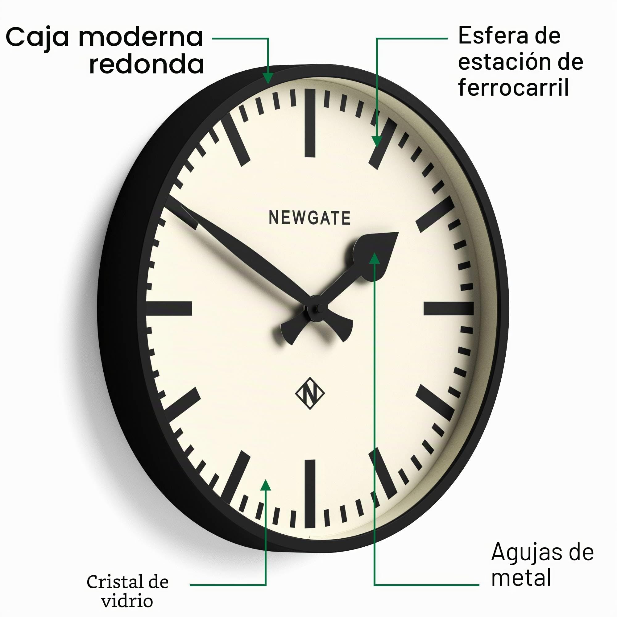 NEWGATE® Number Three Railway Reloj de Pared | Reloj Moderno de estación de inspiración Retro | 37cm | Negro | Dial Marcador | Estilo de Mediados de Siglo para Cocina, salón u Oficina