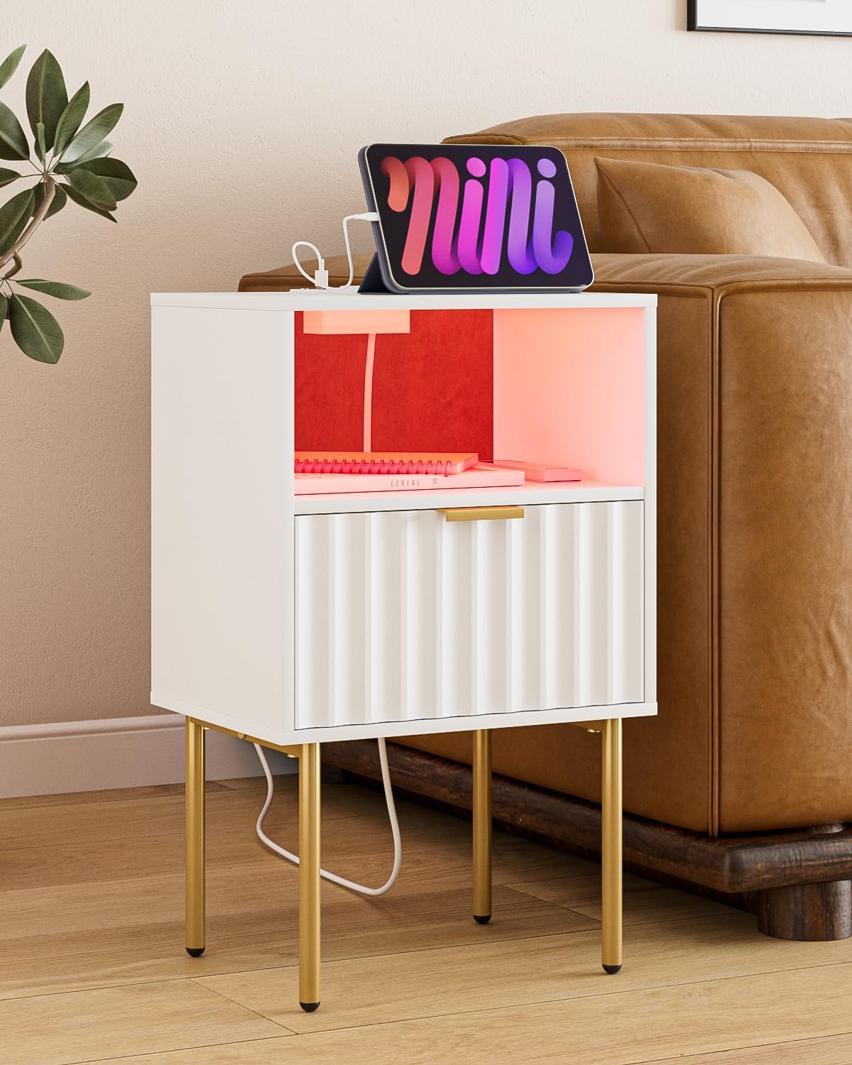 Nightstand with Charging Station and LED Lights, Modern White Bedside Table with Fluted Panel Drawer and Gold Legs, Side Table with USB Ports & Outlets for Bedroom, Living Room