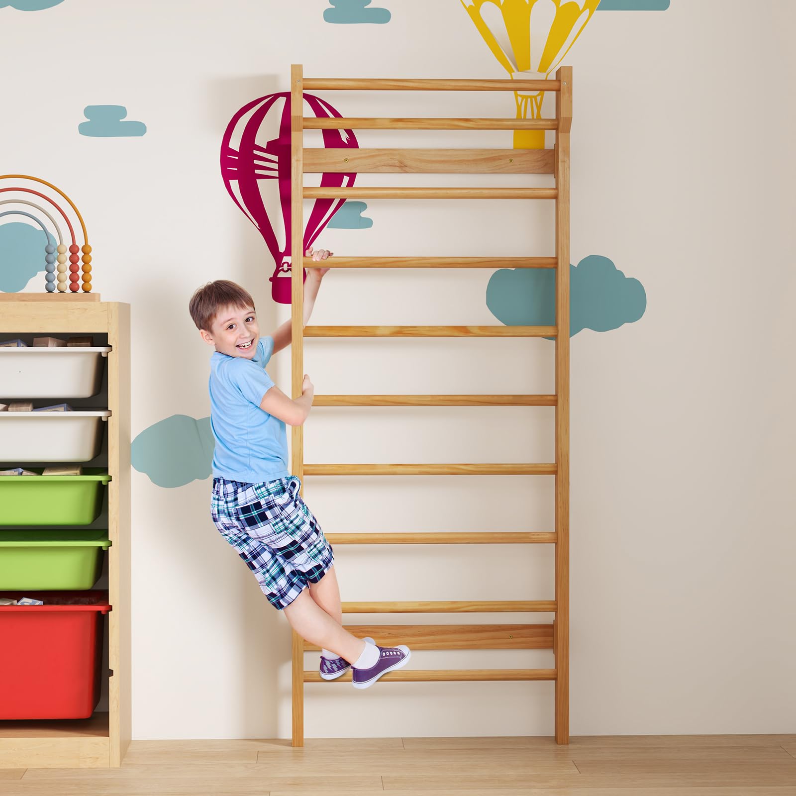 GYMAX Espaldera Gimnasio para Niños y Adultos, Carga de hasta 100 kg, 195 x 80 x 14 cm, Escalera Sueca con 10 Barras, Espaldera de Madera de Pino para Gimnasia, Fitness