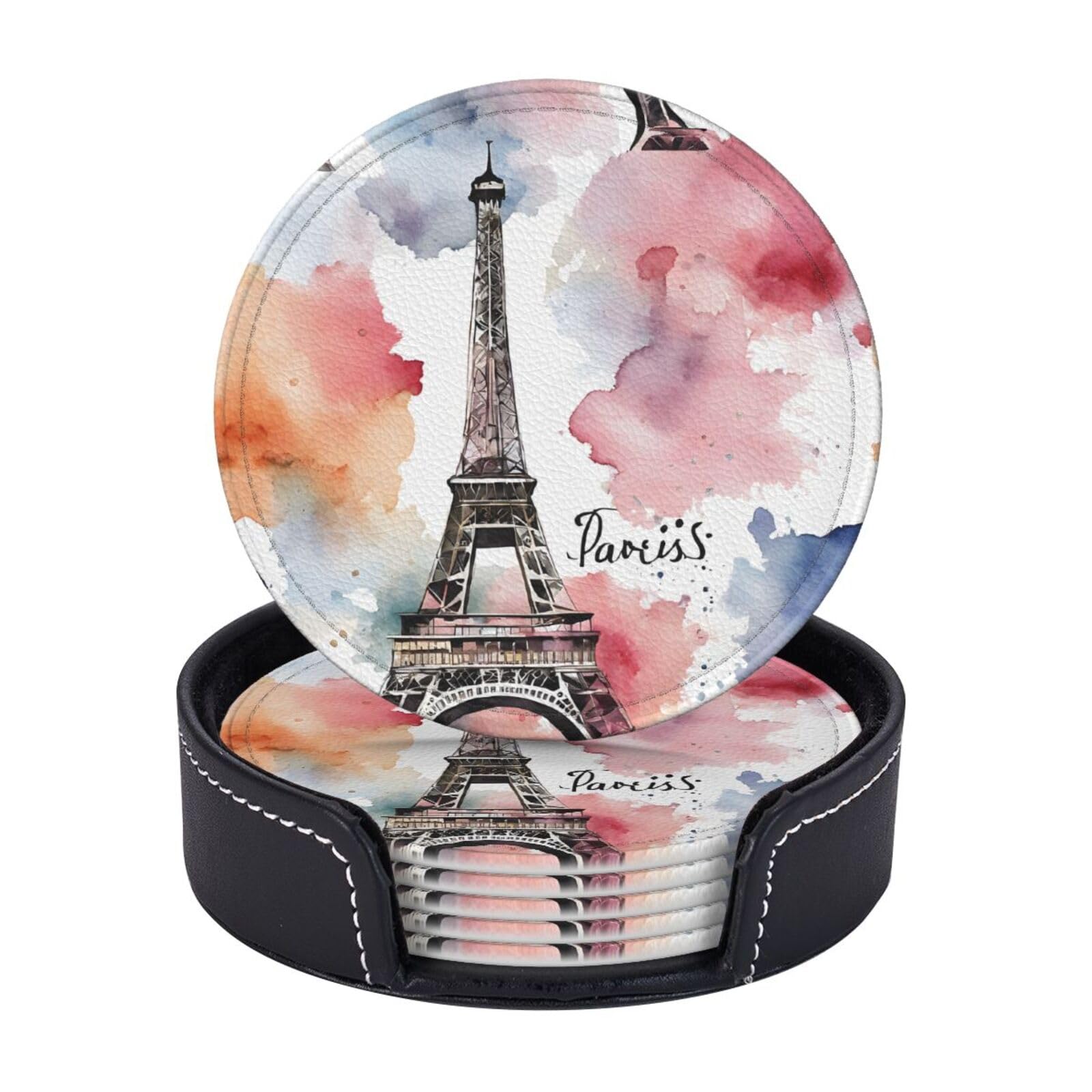 Coasters Set of 6 Microfiber PU leather Coasters with Holders for Drinks Coffee Bar Accessories, House Apartment Coffee Table Decor, Housewarming Gifts - French Paris Tour Eiffel Tower