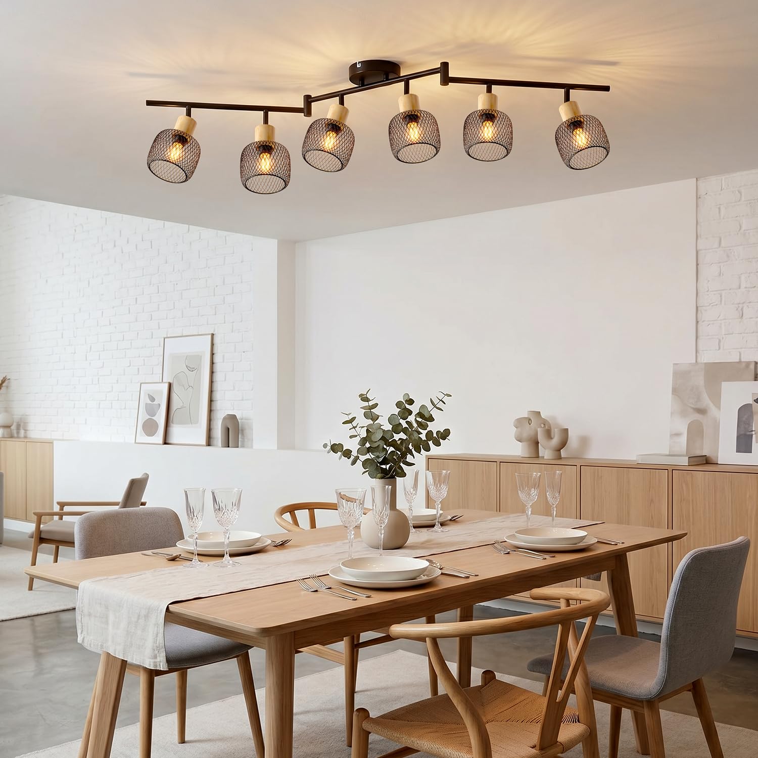 ANWIO Deckenstrahler 6 Flammig Schwarz – Deckenleuchte Industrial Holzdetails & Apfel-Drahtkorb – Lange Schwenkbare Lampe E14 für großes Wohnzimmer & Esszimmer (Ohne Leuchtmittel)