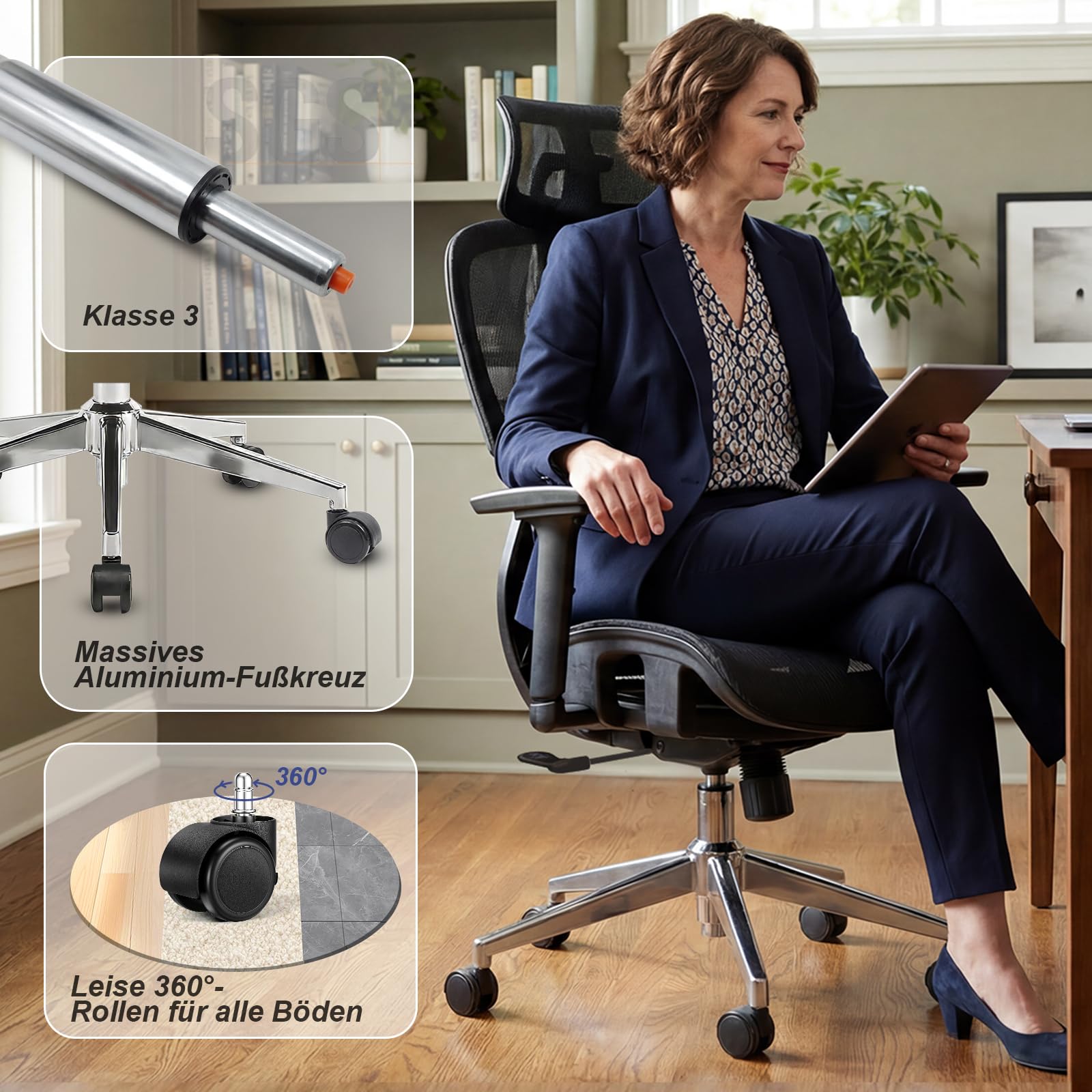 Bürostuhl Ergonomisch, Schreibtischstuhl mit Automatischer Lendenstütze (2-Fach höhenverstellbar), 4D-Kopfstütze, 4D-Armlehnen, Atmungsaktives Mesh, Drehstuhl bis 150 kg für Home Office & Büro