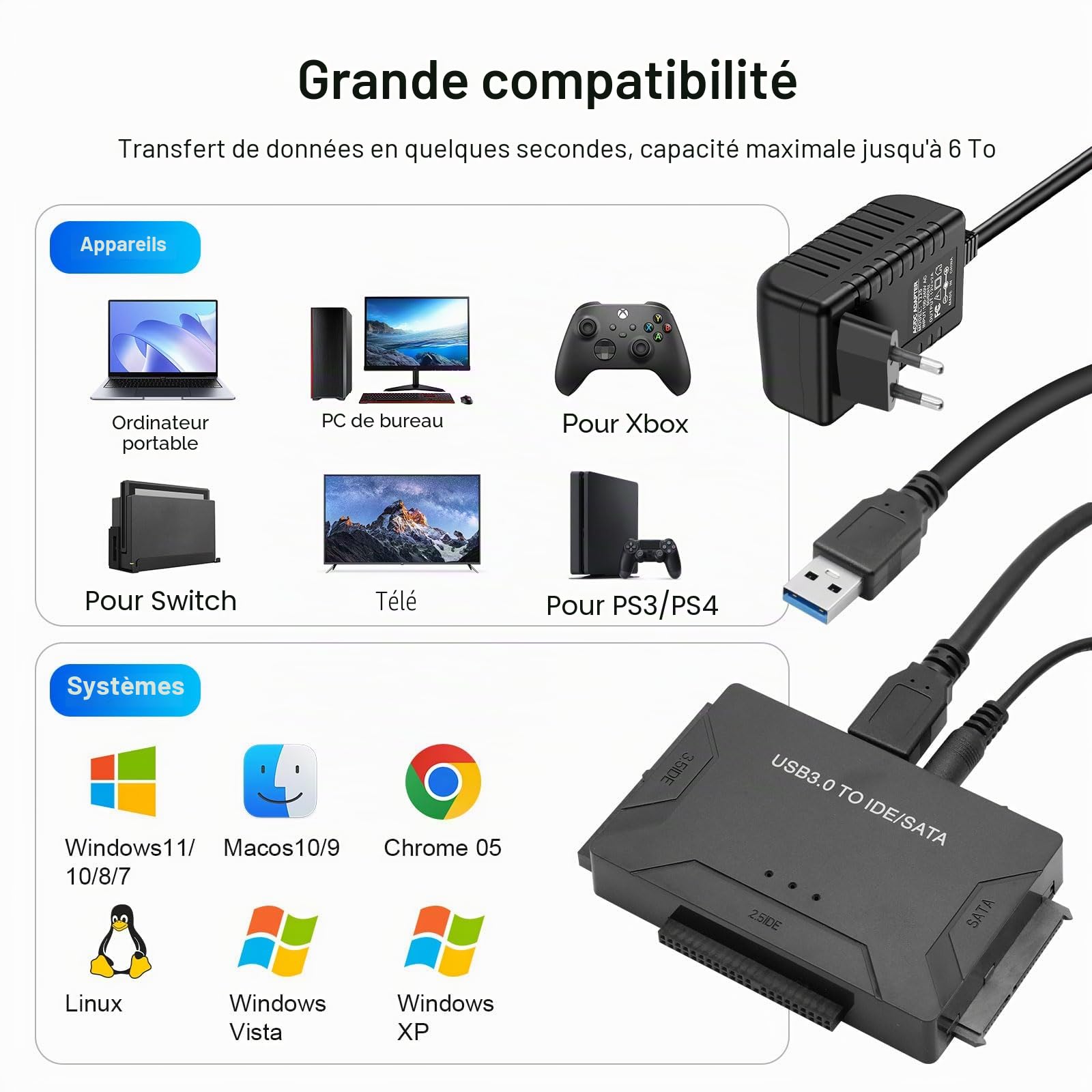 5Gbps Adaptateur Disque Dur USB 3.0 pour 2.5"/ 3.5" HDD/SSD, Convertisseur SATA et IDE Adaptateur de Disque Dur IDE/SATA pour Windows 11/10/8/7/XP/Vista avec Câble USB/Alimentation 12 V 2 A