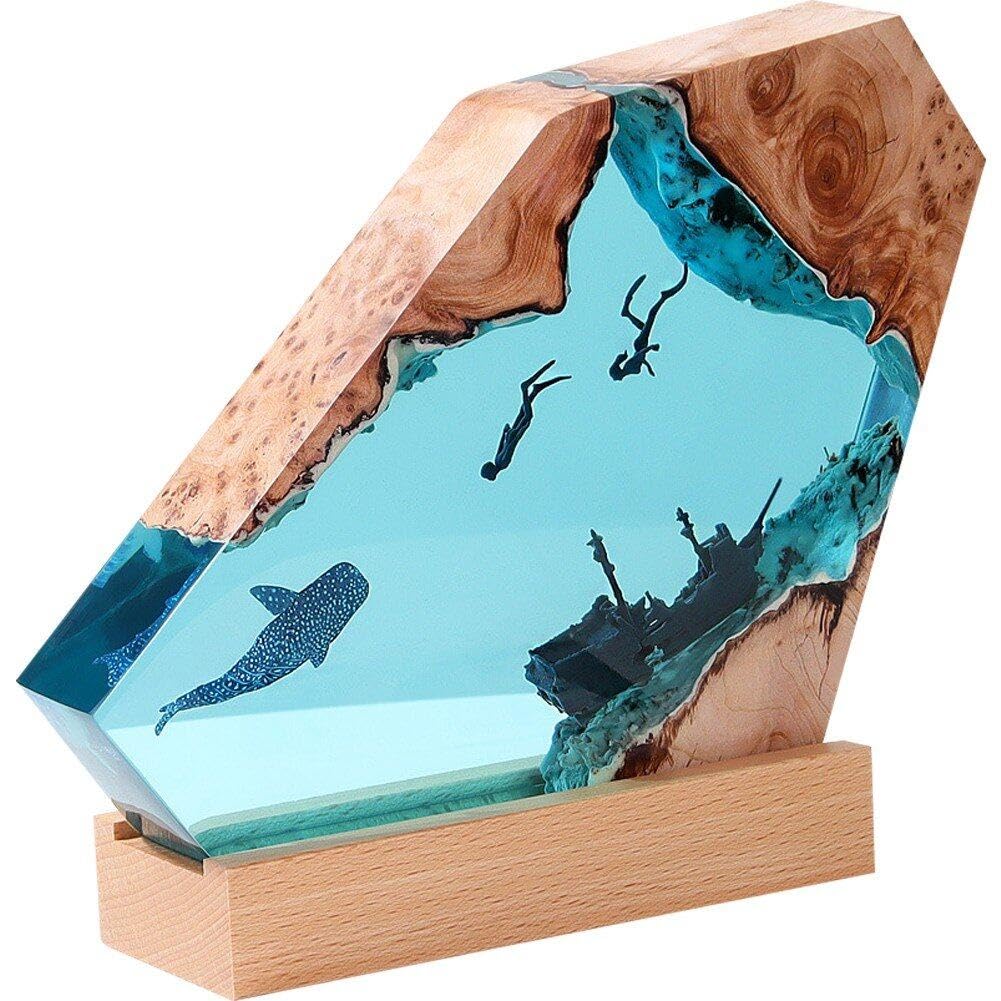 Wudaizhi Lampe Légère en Résine, Lampe Lumineuse en Bois De Résine Grand Plongeur Et Baleine À Bosse Lumières LED Veilleuse pour Bricolage Table Artisanat Fête Mariage Lampe De Bureau