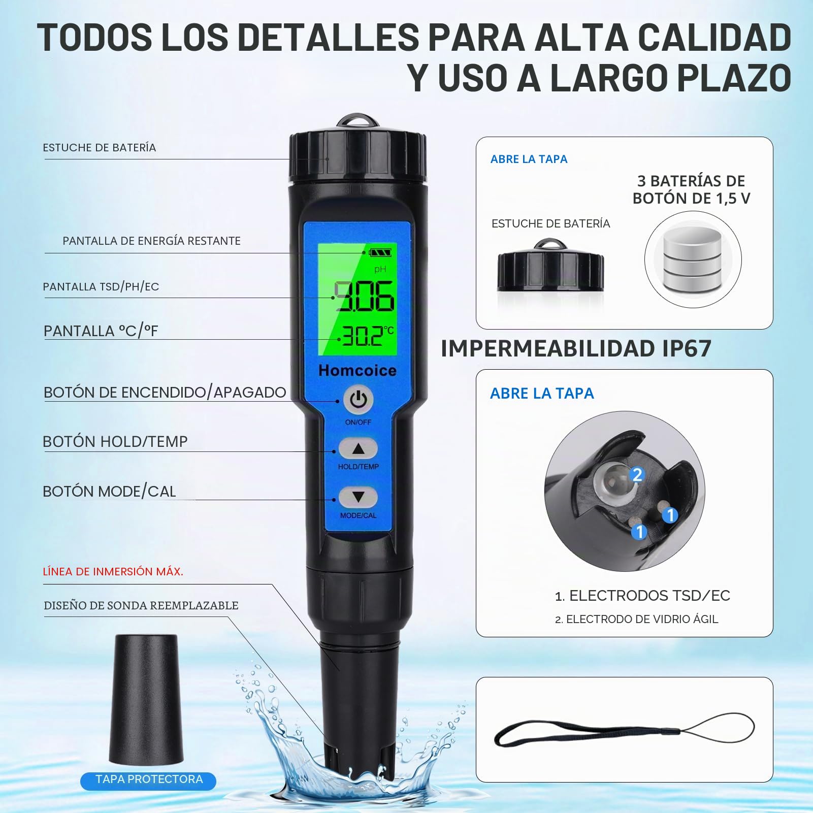 Medidor PH 4 en 1, PH TDS EC y Temperatura Meter con precisión 0,01 pH, compensación automática temperatura, Tester Calidad Agua IP67 resistente agua para piscinas, agua potable, e hidroponía