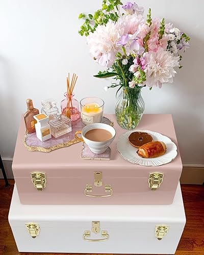 Miniatura 82 de Vixdonos Juego de 2 baúles decorativos de almacenamiento de caja de metal con asa (blanco con cierres de bronce) Blanco con cierres de bronce,Beige