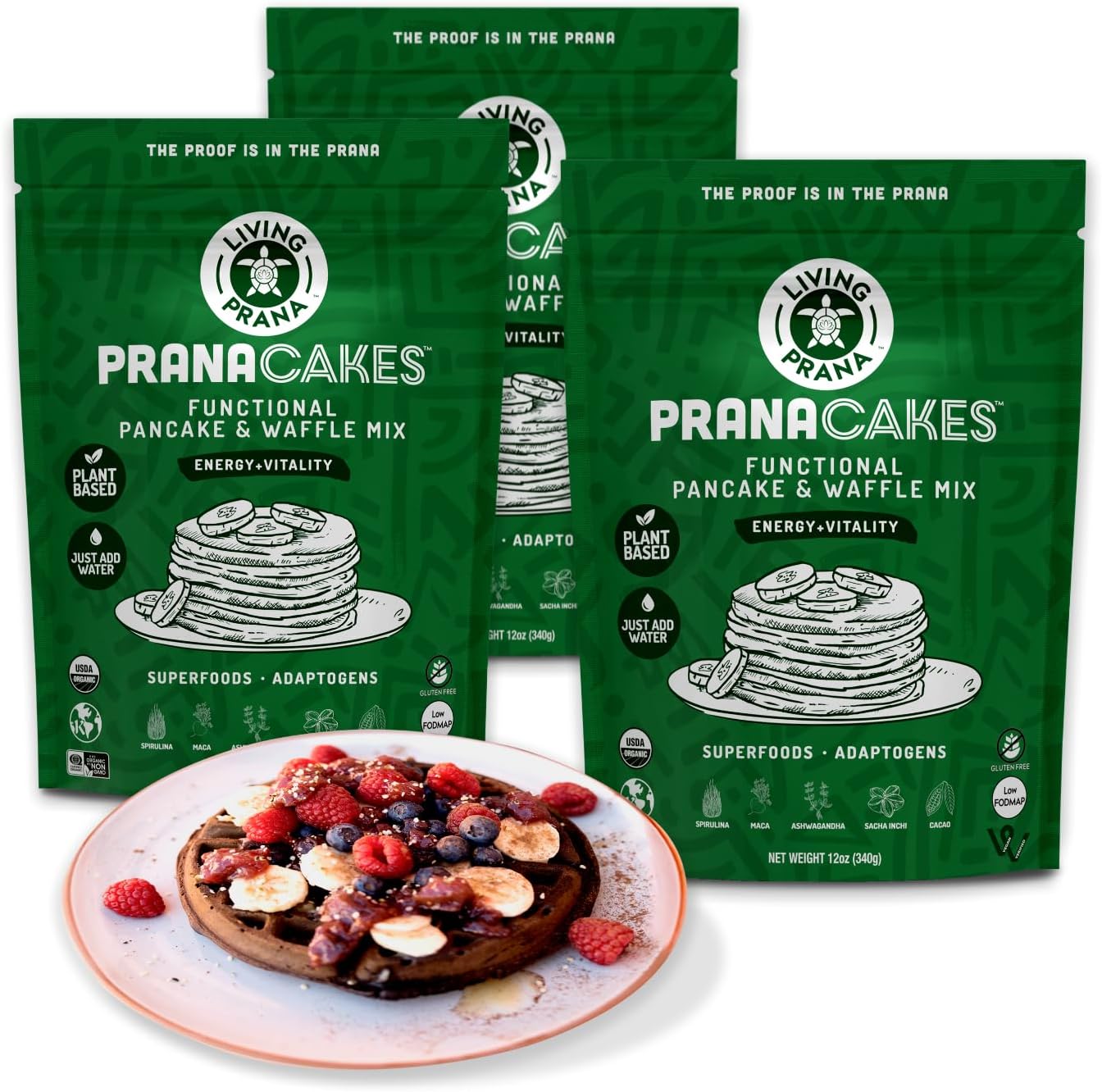 PranaCakes Superfood Organic Pancake & Waffle Mix Gluten Free | Energy, Vitality & Mood Balancing | Plant-based Protein | Just-Add-Water | By LIVING PRANA | 12oz (3-pack)USDA Organic