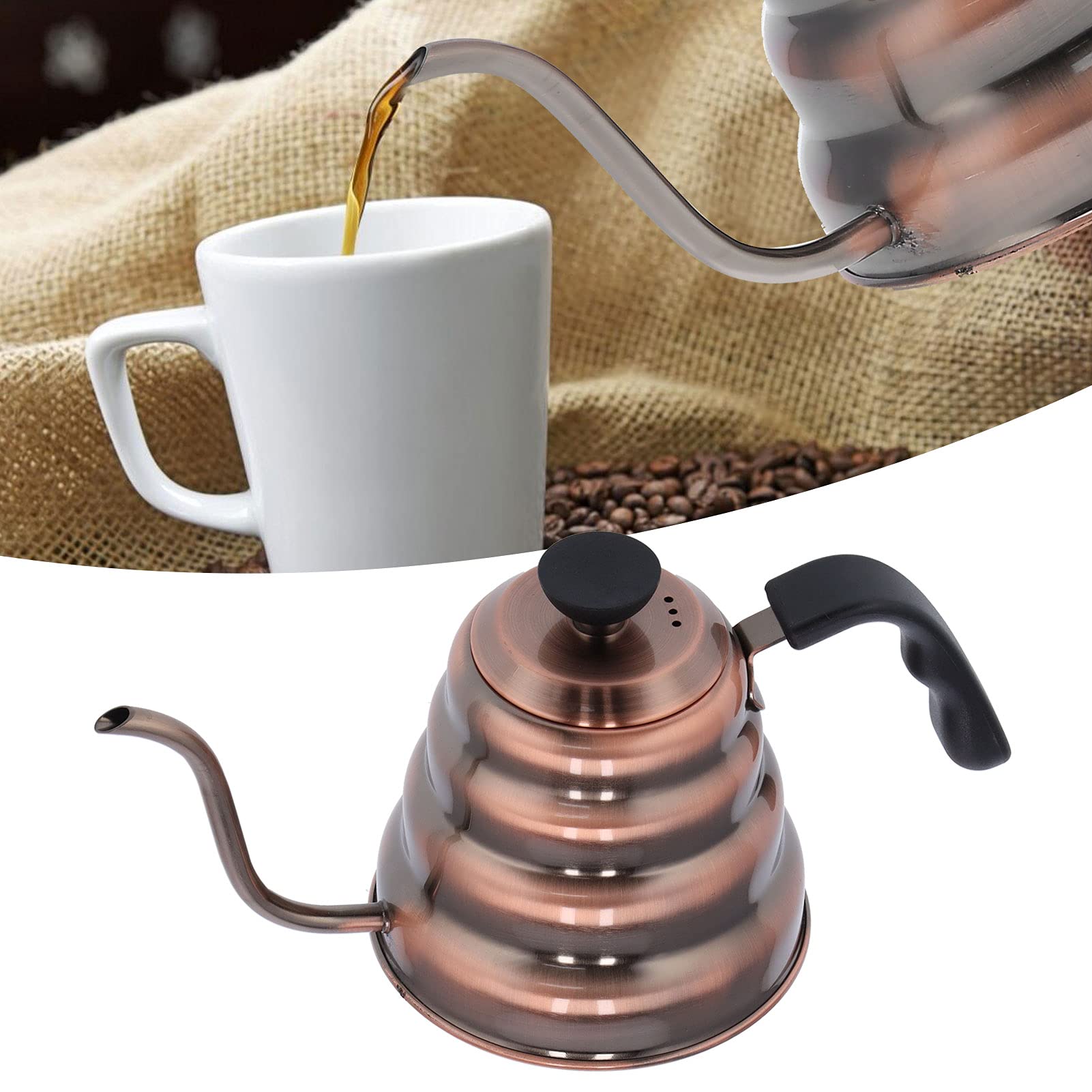 Hervidor de café de cuello de cisne de acero inoxidable 304, hervidor sin soldaduras con acabado antirroña y boquilla de precisión para preparar café manualmente, acabado en bronce