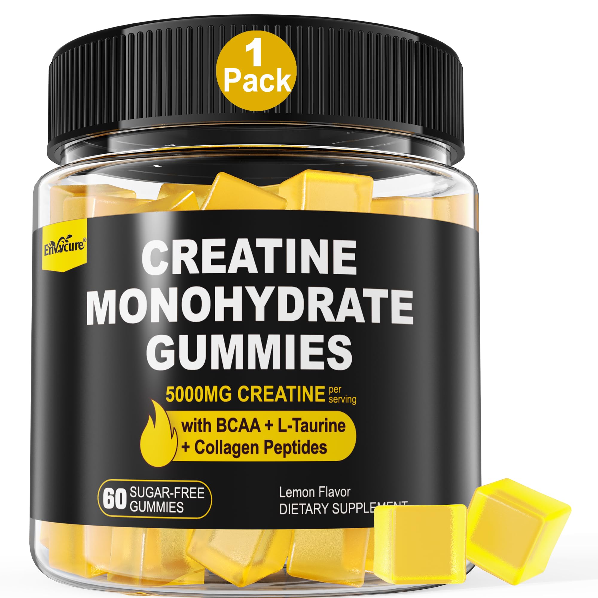 EnvyCure Creatine Monohydrate Gummies for Men & Women - with BCAA, Collagen Peptides, L-Taurine, Vitamin B12, D3, Creatine Monohydrate 5000mg (5g) Per Serving, Lemon Flavor, Sugar Free, 1 Pack 60 Count (Pack of 1)