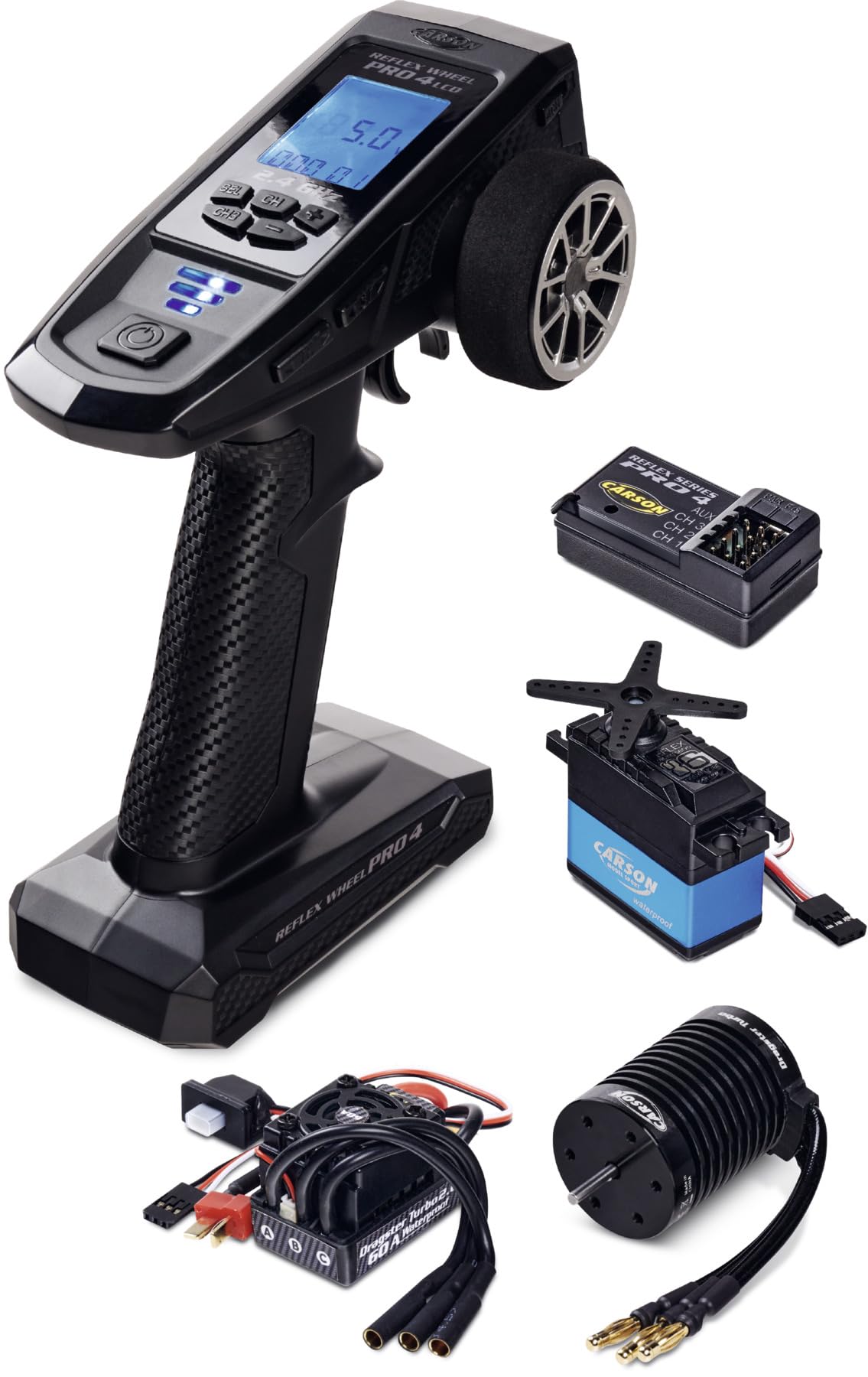 Carson 500500121 FS 4K Reflex Wheel Pro 4 LCD inkl. Brushless-Set + 6kg Servo - RC Zubehör, Modellbauzubehör, Tuning Set, RC Fernsteuerung, Schwarz