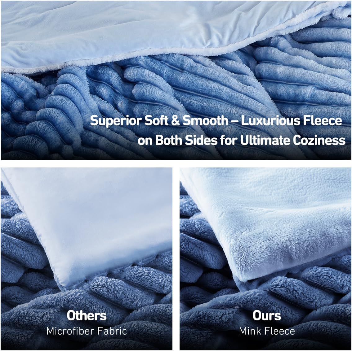 Cuddly Ribbed Fluffy Comforter Set Queen Size, Super Soft Plush Fleece Bedding Set, Warm Fuzzy Comforter with Matching Shams, All-Season Cozy 3-Piece Bed Set, Blue Ombre - Image 5