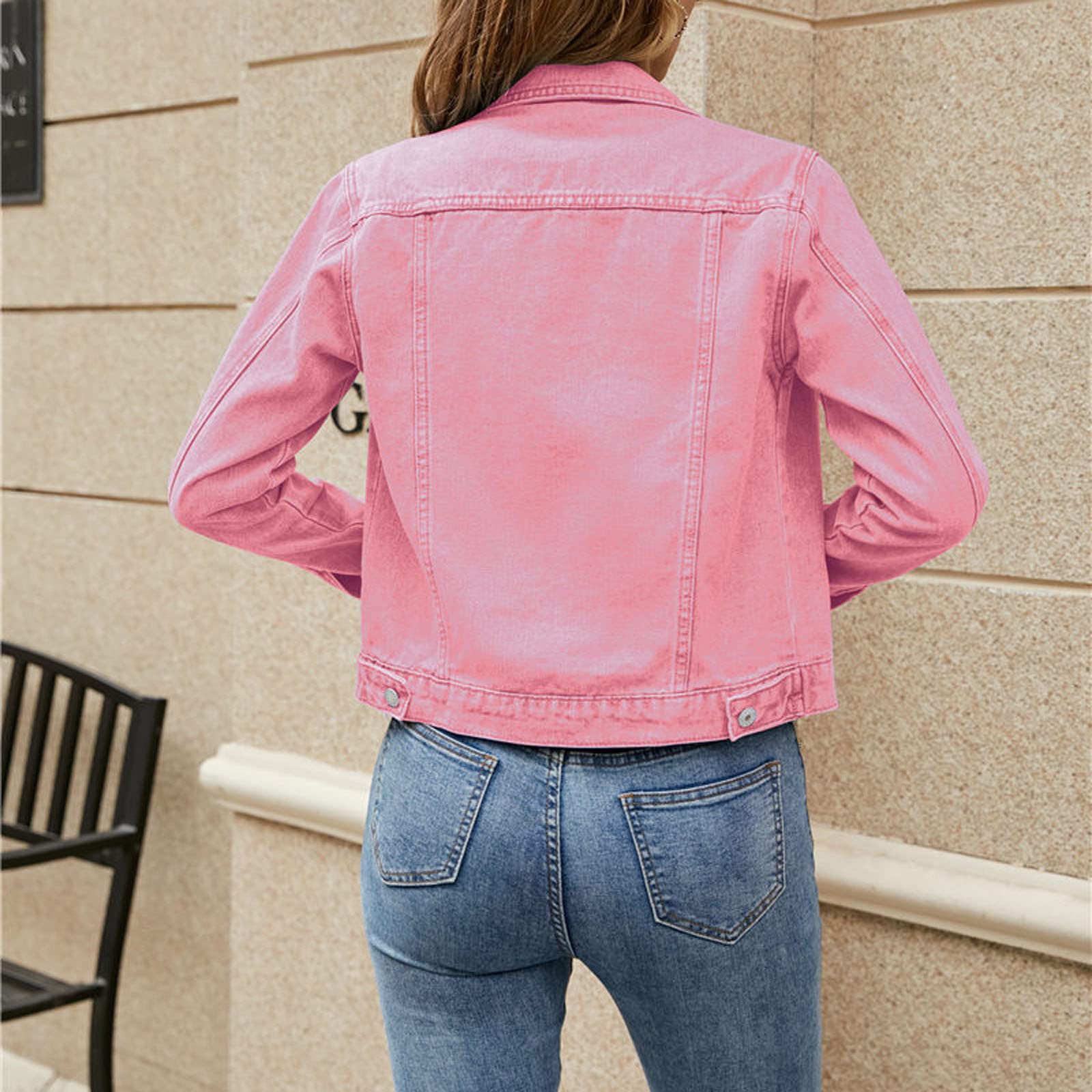 Giacca di jeans da donna sciancrata luminosa, basic, tinta unita, con bottoni, in cotone, con tasche, giacca di jeans