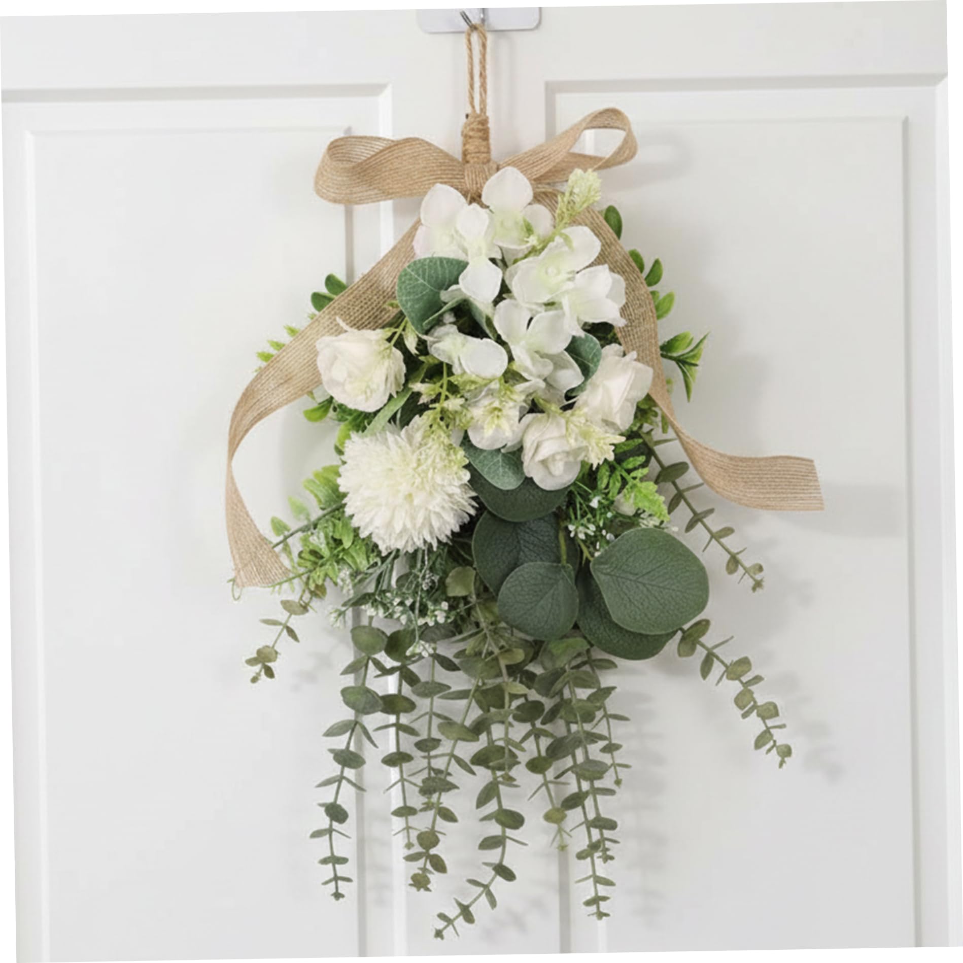 Licsaliwe Teardrop Wreath - Large Floral Swag Artificial White Eucalyptus & Chrysanthemum, Hanging Bouquet for Front Door Wall Wedding Decor