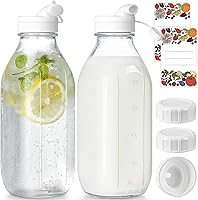 Syntic 2-Pack 32oz Glass Milk Bottles with Airtight Lids & Pour Spouts - Reusable for Breast Milk, Juice, Kombucha, Nut Milk