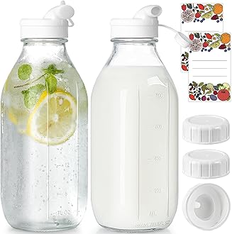 2 Pack Glass Milk Bottle with 2 Dispenser Caps, 100% Airtight Heavy Duty Screw Lid. 32 Oz Reusable Glass Water Jug with 3 Lids! Breast Milk Pitcher, Buttermilk, Nut, Juice, Syrup, Coffee Creamer