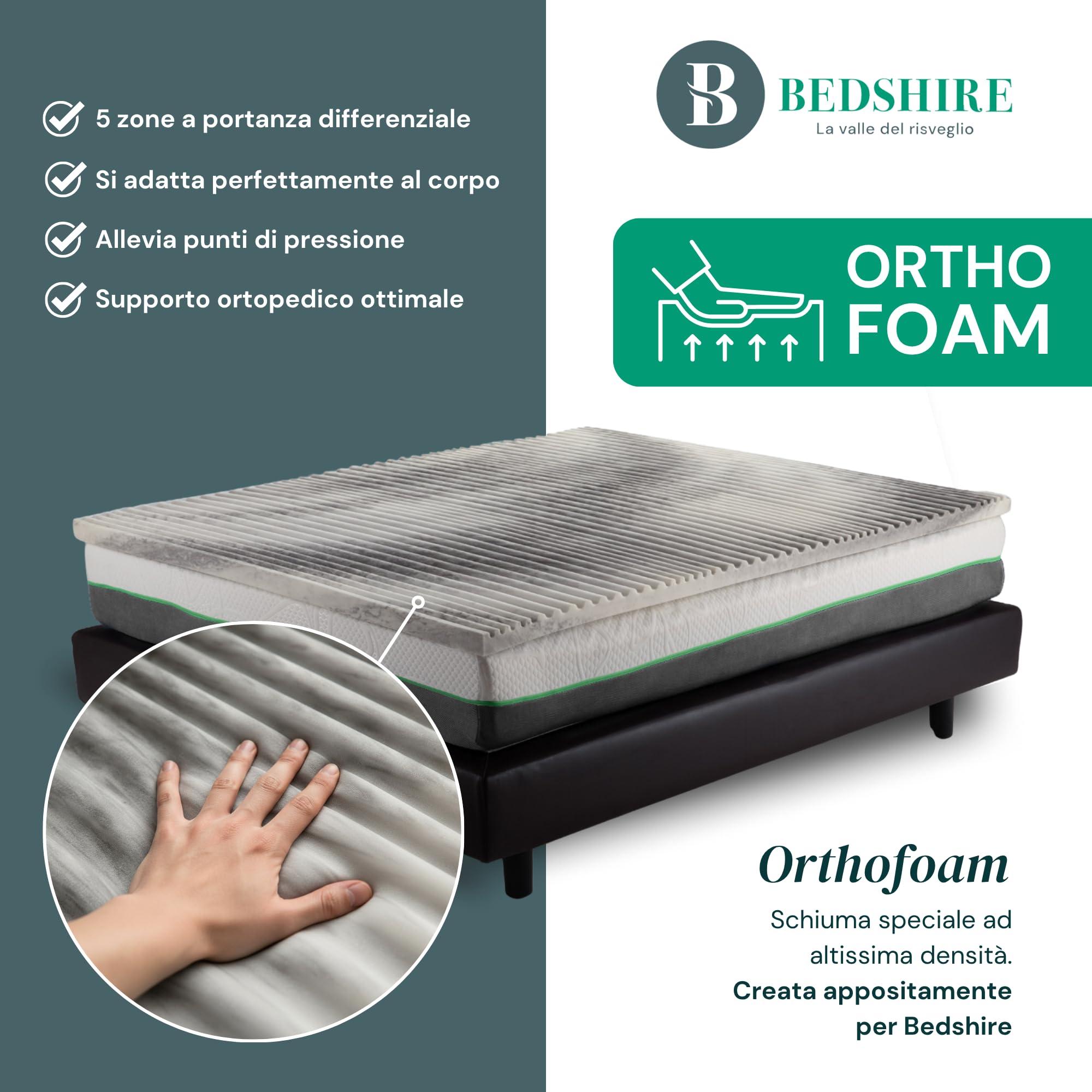 Bedshire Topper Orthofoam HD Matrimoniale 160x190 Materasso Correttore Rigido e Traspirante a 5 Zone Alto 5 cm con Rivestimento Sfoderabile Futon Ortopedico Made in Italy 100%