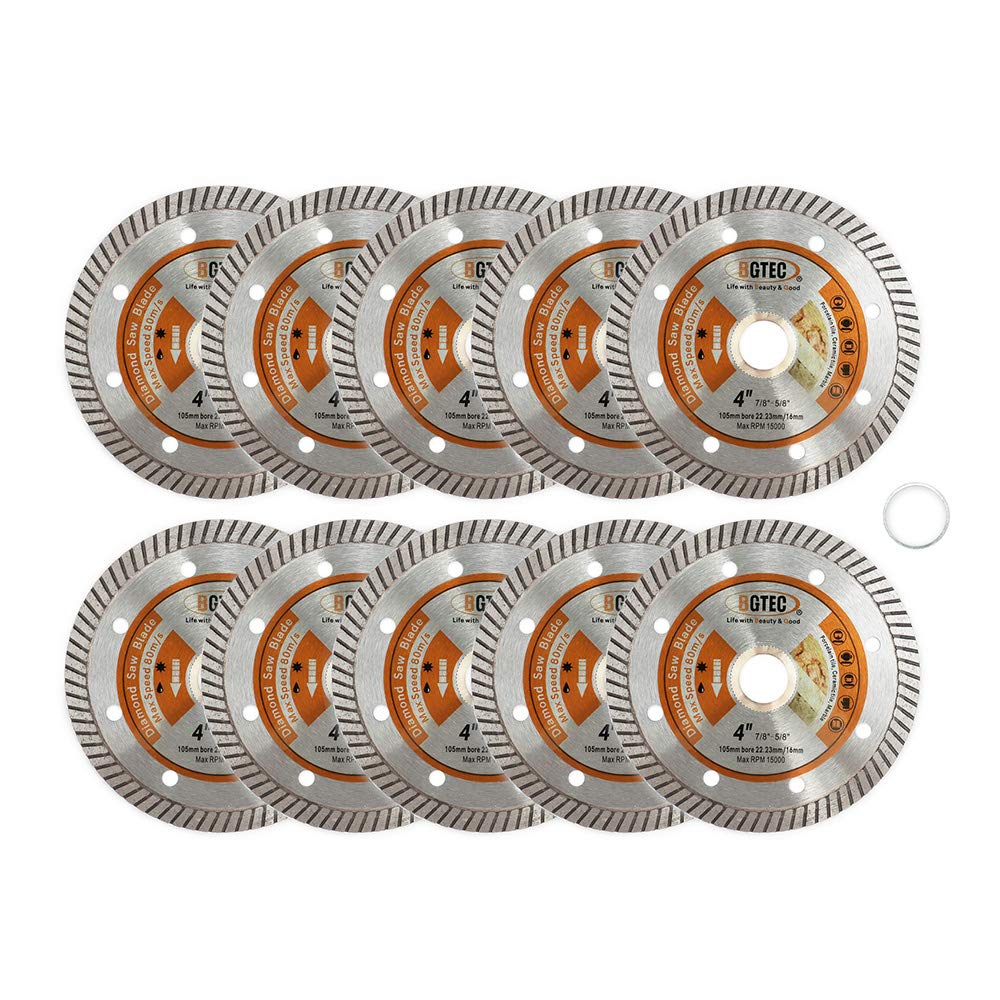 BGTEC Diamond Tile Blade,10pcs 4" Super Thin Turbo Rim Concrete Porcelain Saw Blade with 7/8"-5/8" Arbor for Cutting Porcelain Tile Ceramic Granite Marble Hard Material Cutting Disc