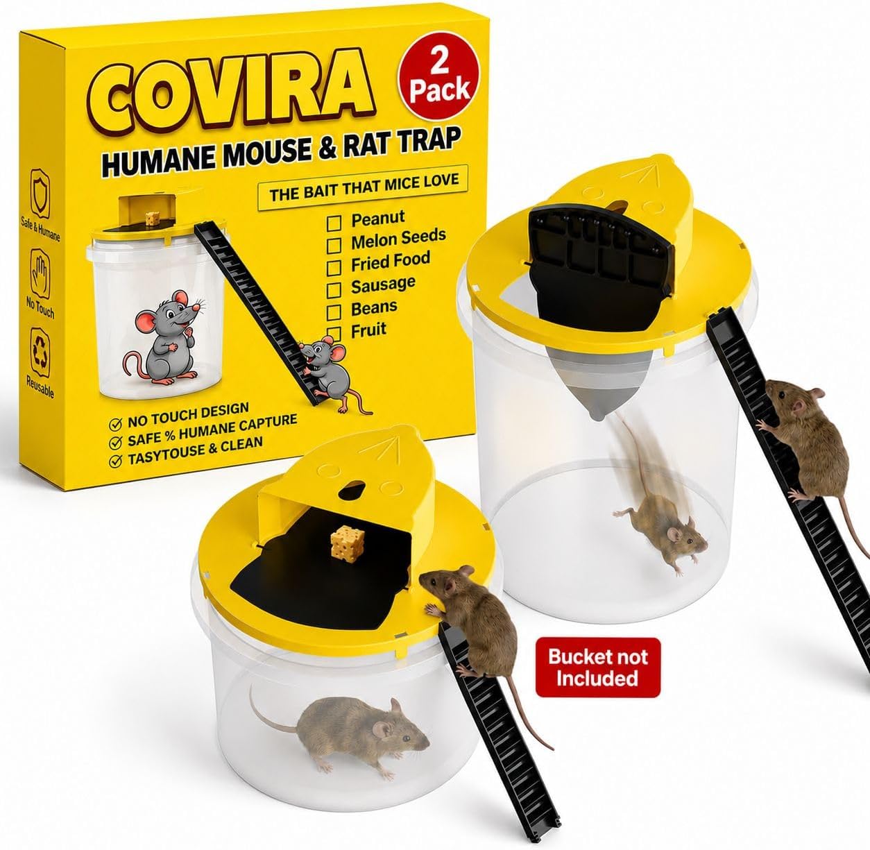Premium 2Pack Mouse Trap Bucket Lid 5 Gallon Humane & Reusable Rat Trap for Indoor Outdoor Home Multi Catch Auto Reset Mouse Catcher Fits Standard 5 Gallon Bucket (Bucket Not Included)