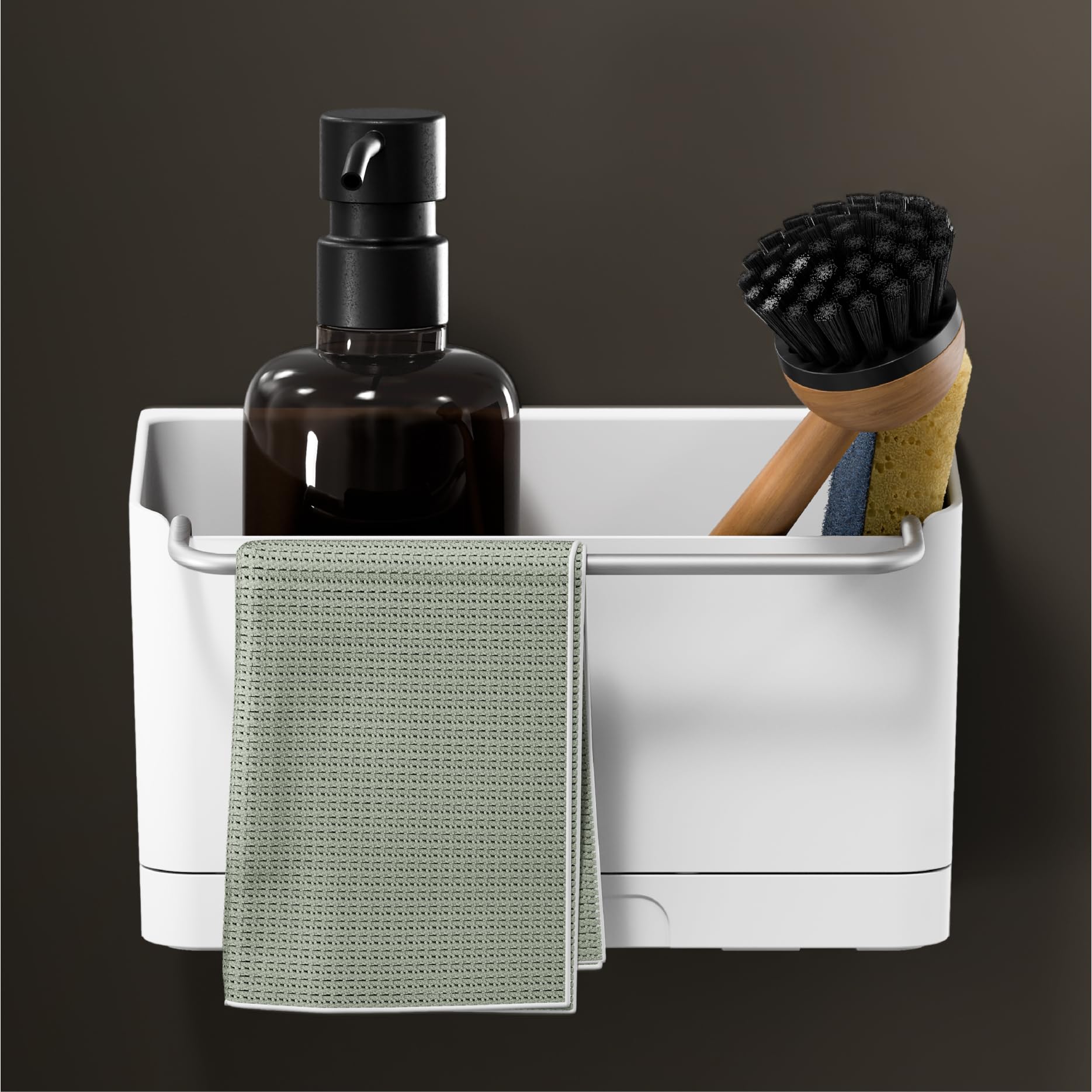tesa Spülbecken-Organizer zum Kleben ohne Bohren – Schwammhalter Küche,Spülbürstenhalter & Spültuchhalter Spülbürste, Schwamm und Spüllappen - schmal – modernes Küchenzubehör Wandmontage – Weiß