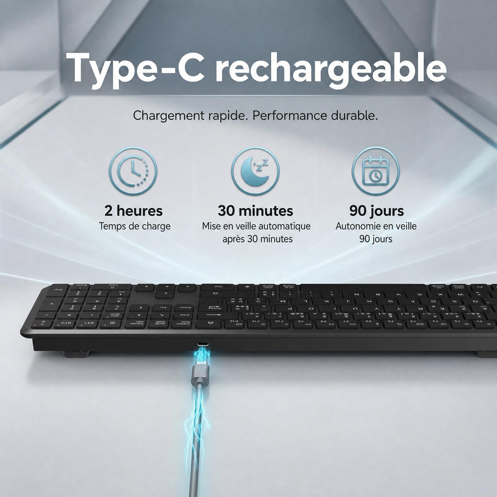 TECURS Clavier sans Fil Bluetooth (2BT + 2.4G), Disposition AZERTY, Noir