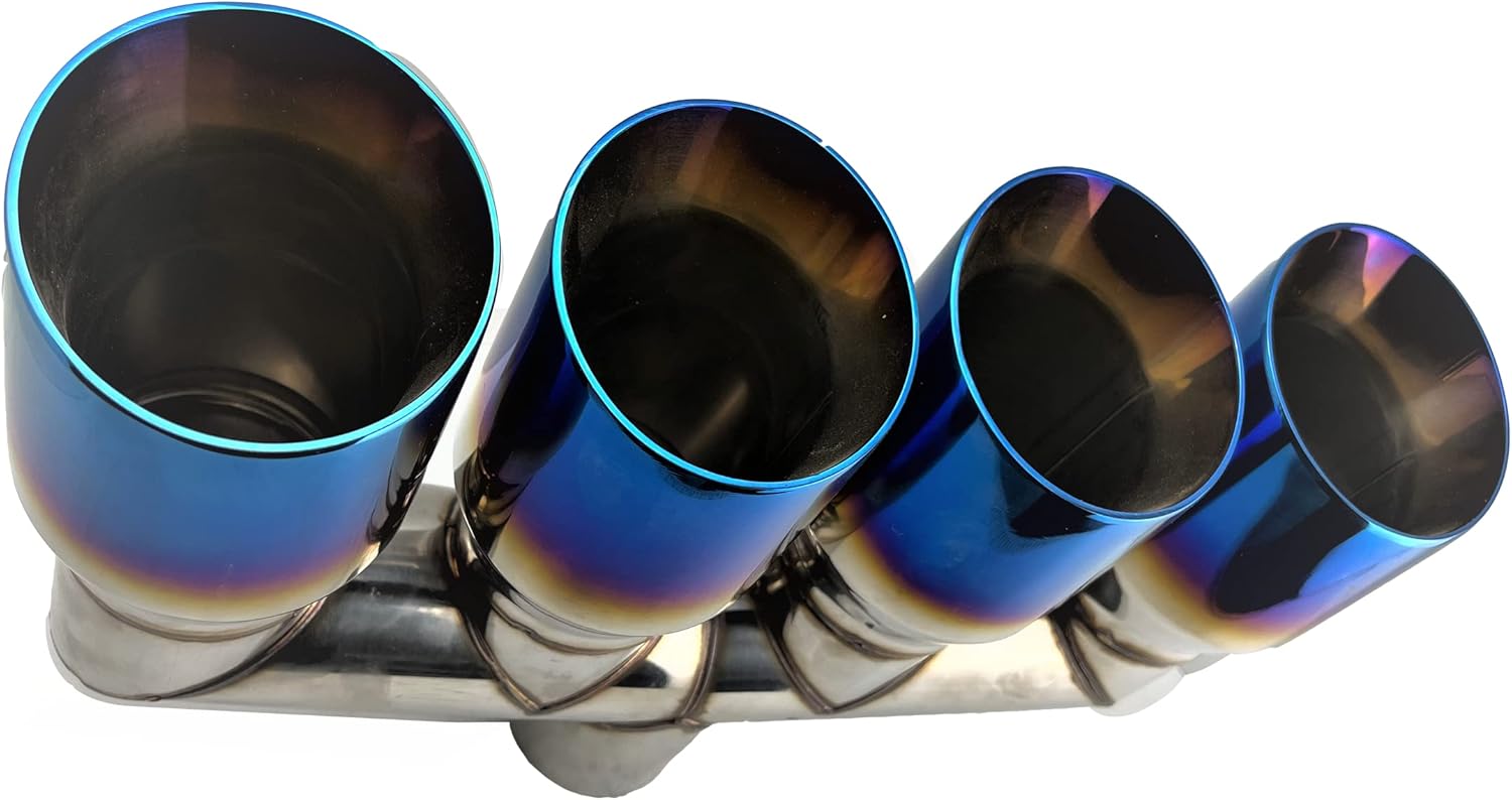 NETAMI 3.0 inch Inlet to 4.0 inch Quad Outlets Exhaust Tip Stainess Dual Wall Blue Burnt Tips