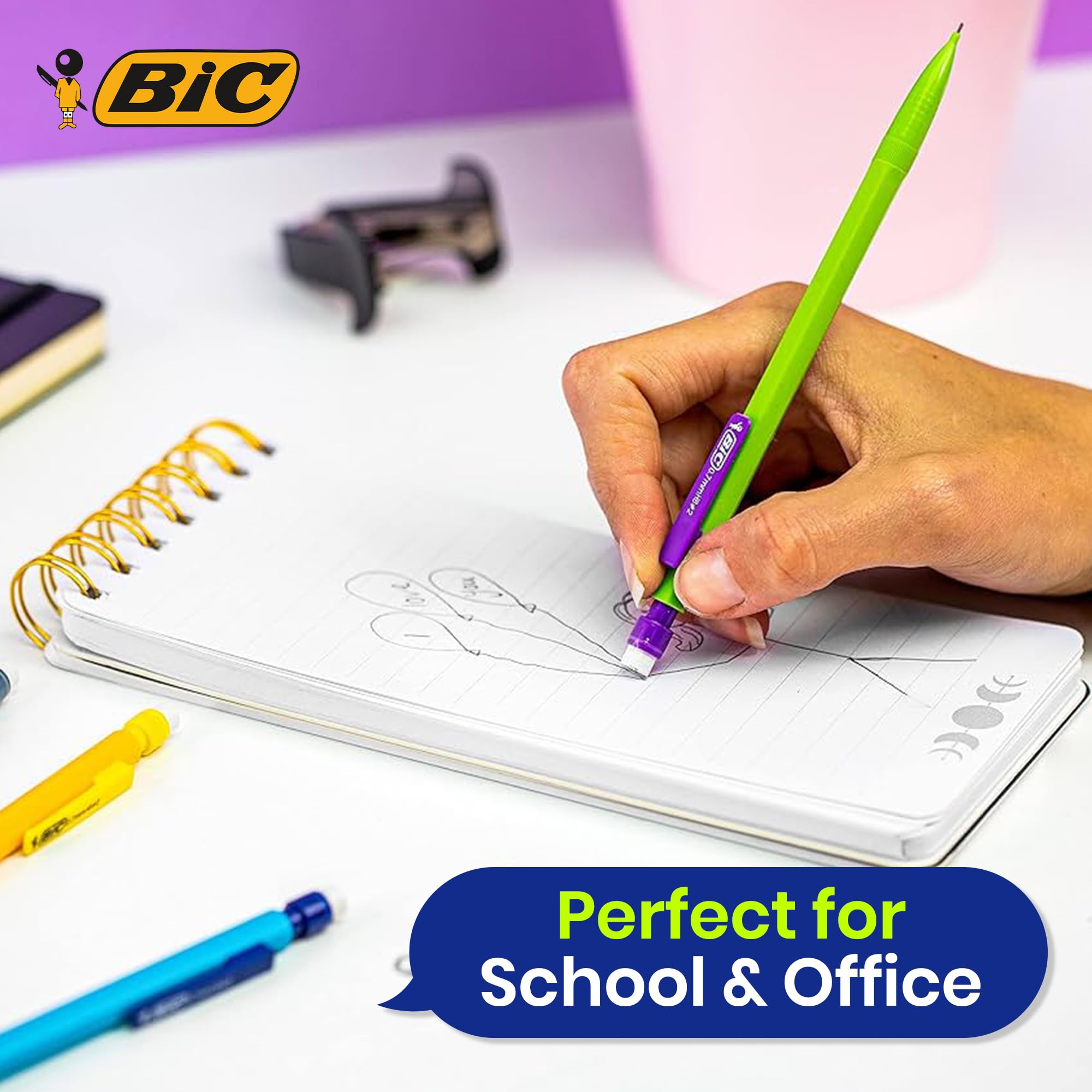 BIC Matic Fun - Matite meccaniche in grafite resistente, colori assortiti, punta retrattile, gomma bianca, scrittura liscia, mine intercambiabili, per scuola, ufficio e uso quotidiano (confezione da