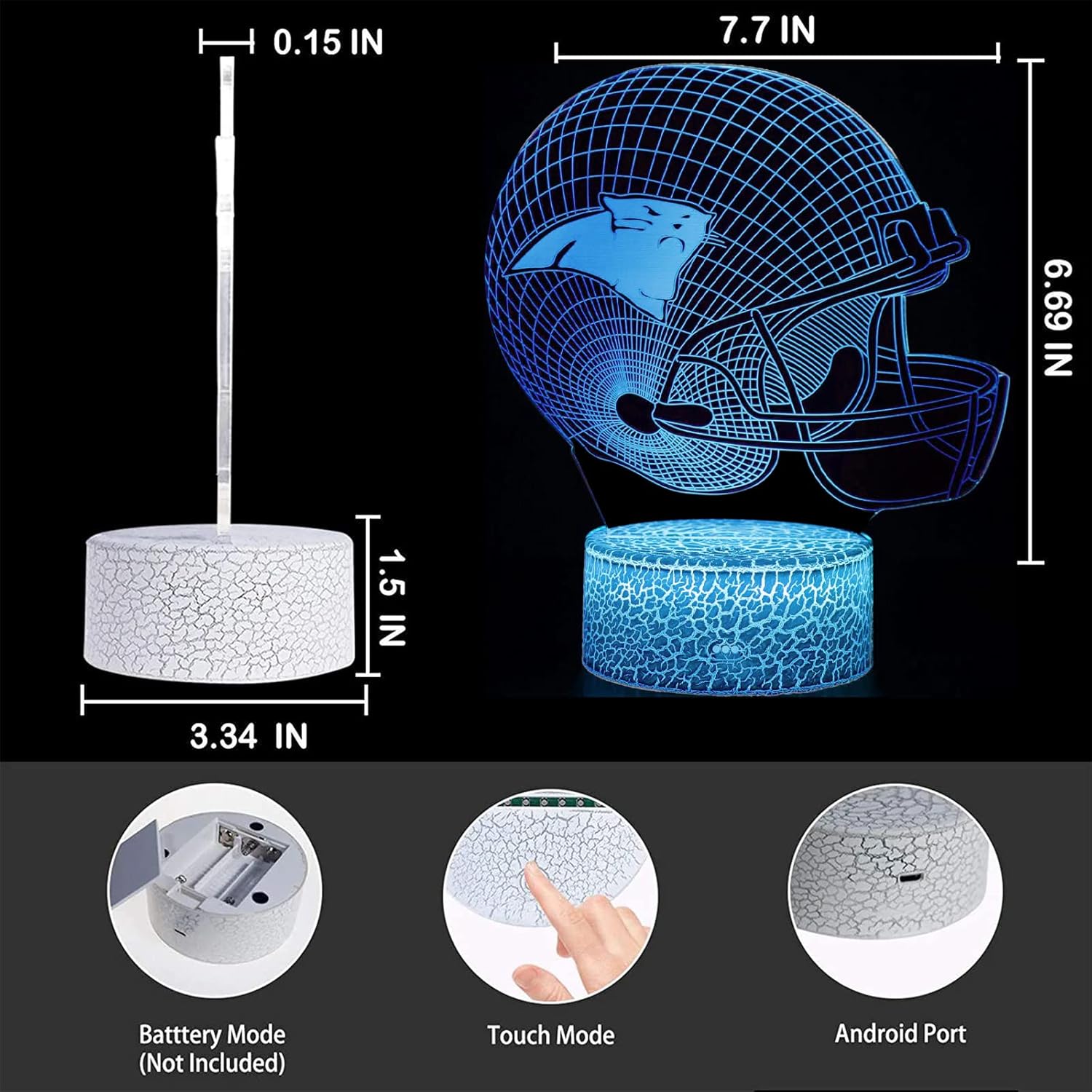 Helmet Shape 3D Optical Illusion Smart 7 Colors Night Light Table Lamp Gifts for Panthers Fans, Men, Women, Kids, Boys, Teens…