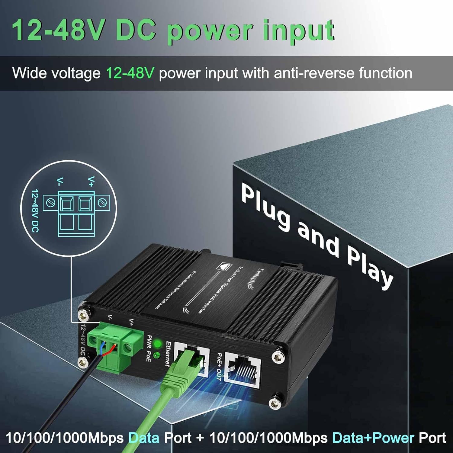Injecteur PoE industriel 30 W, injecteur Gigabit PoE+ renforcé IEEE802.3at 30 W 48 V Adaptateur PoE Alimentation par Ethernet avec entrée 12-48 V DC Montage sur rail DIN