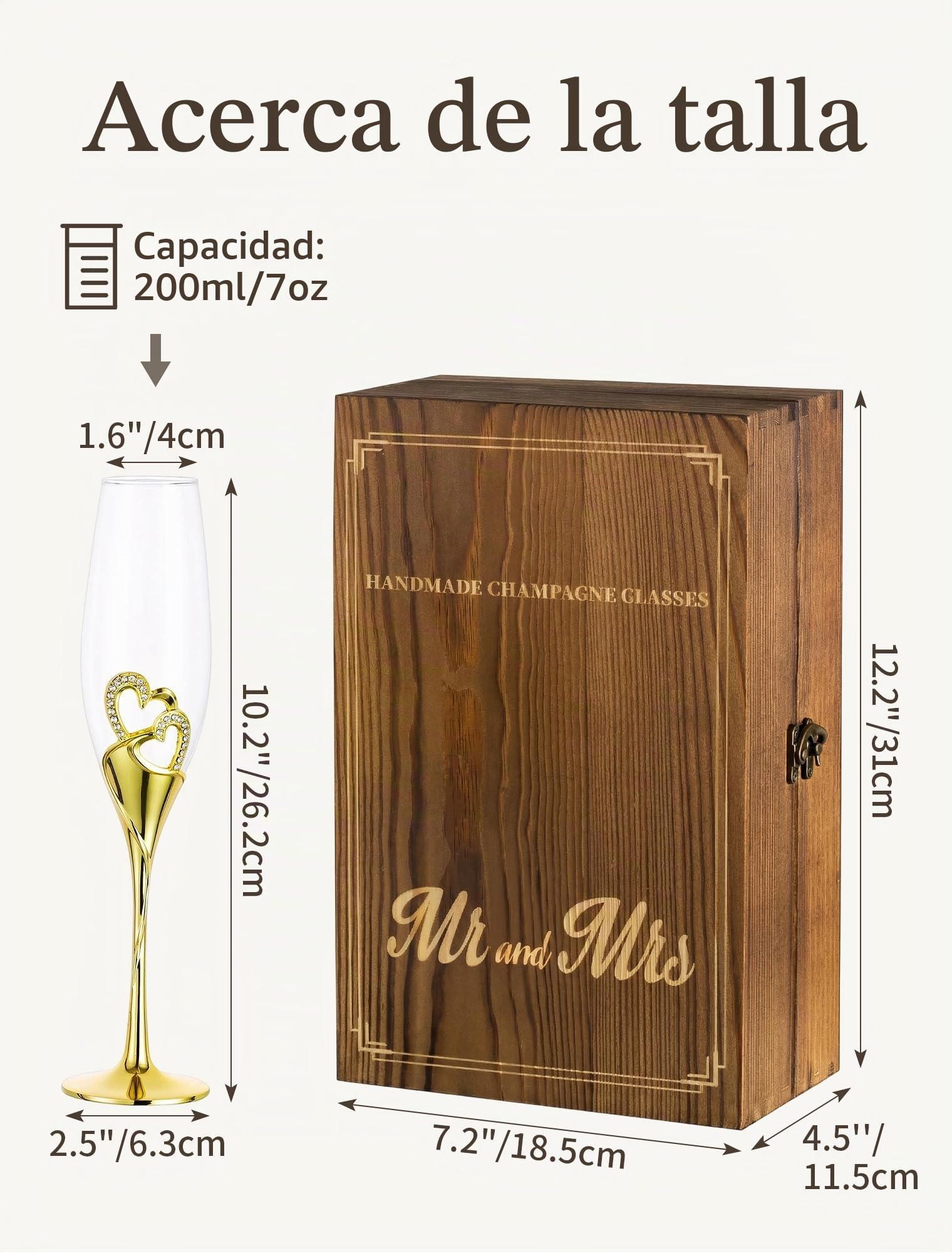 Copas de Champán Dorado para Boda: con Caja Regalo de Madera, 2 Pcs | Capacidad de 200 ml, Cristal Sin Plomo, Tallo Metálico, para Compromiso, Aniversario, Despedida de Soltera, Novios, Brindis