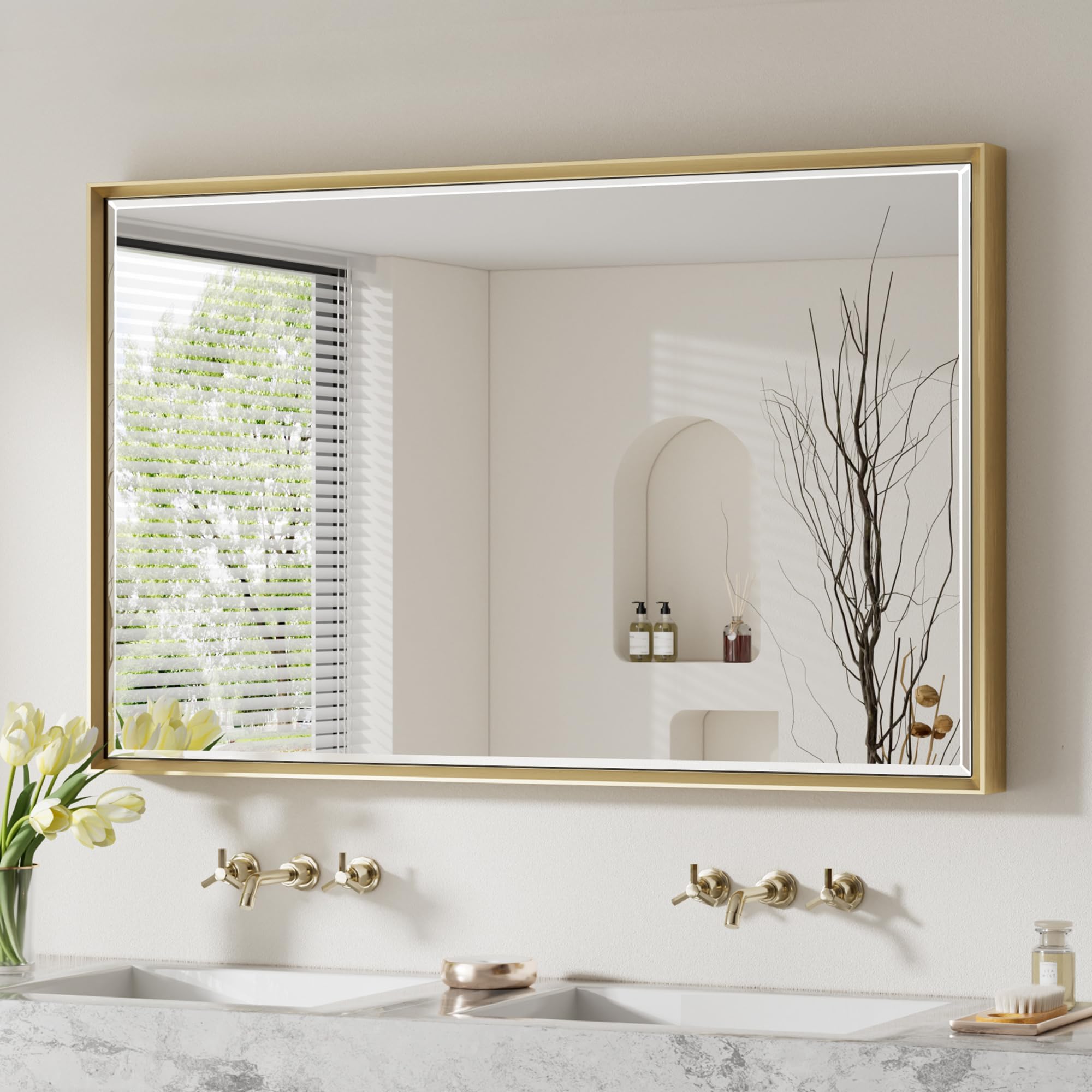 Brushed Gold Mirror for Bathroom, 48x30 Large Rectangle Mirror for Wall, Metal Framed Wall Mirror Anti-Rust, Beveled Gold Mirror Easy to Mount, for Living Room/Dining Room/Dresser/Entryway