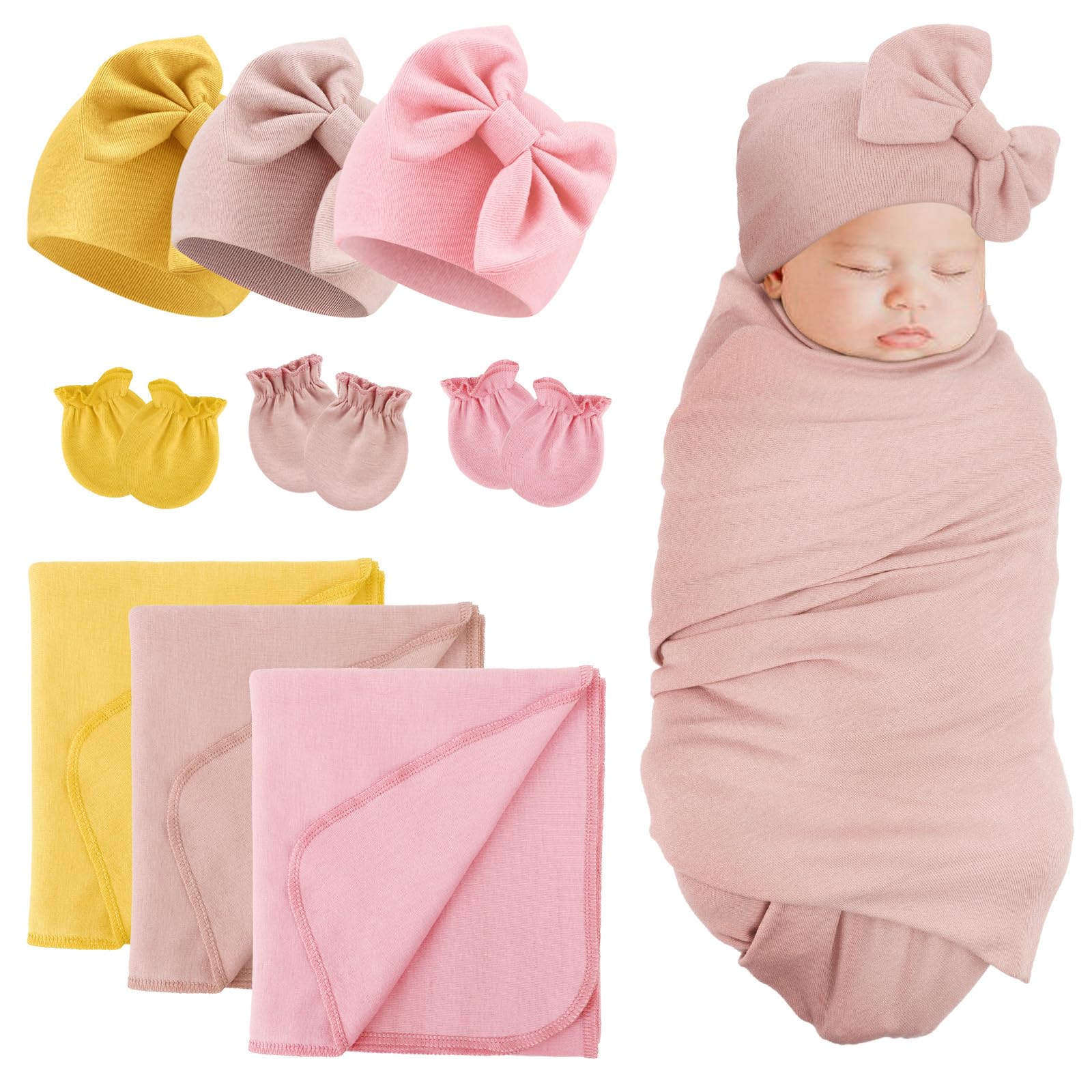 BQUBO Newborn Receiving Blanket Bow Hat Gloves Set Cotton Warm Baby Swaddle Blanket Wrap Baby Sleep Sack Shower Gift