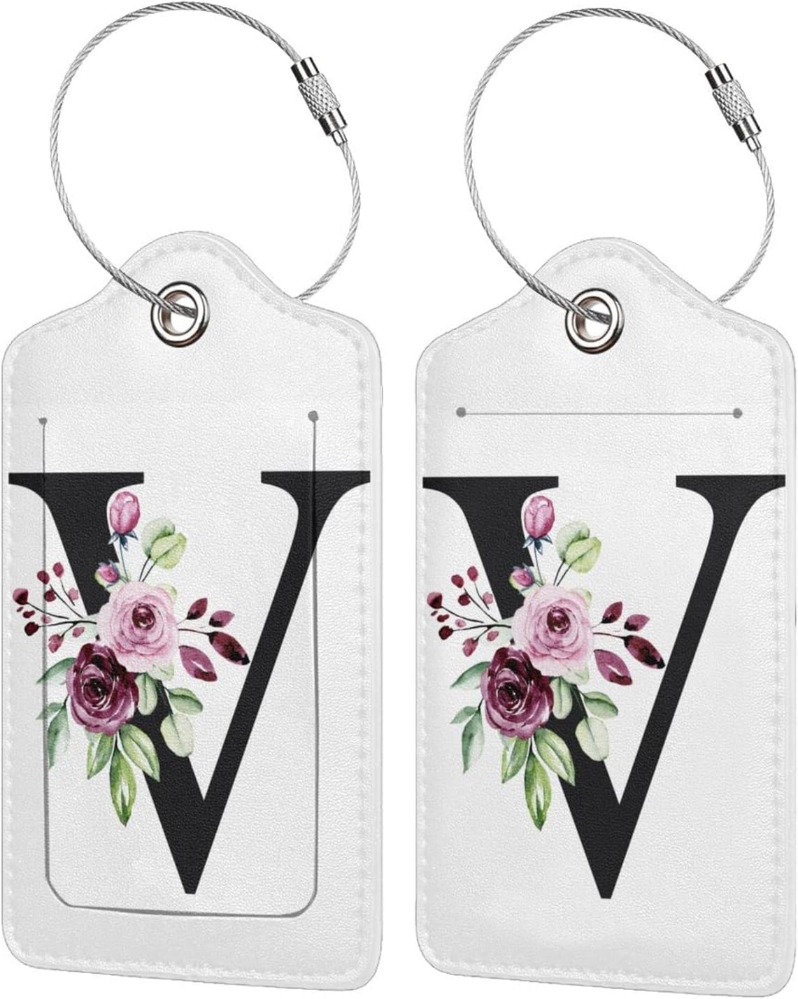 Floral Letter V Leather Luggage Tag 4PCS Pack, Funny