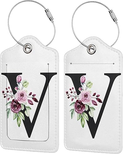 Paquete de 2 etiquetas de equipaje de cuero con letras V florales, divertidas etiquetas de equipaje para maletas, etiqueta de equipaje para