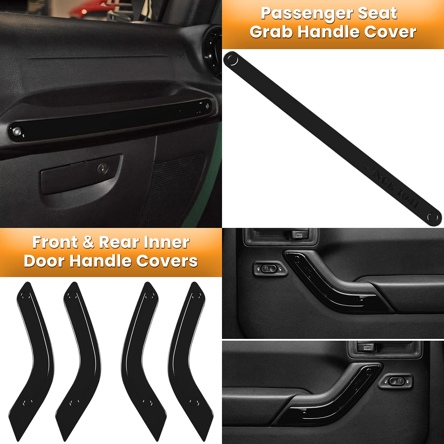 E-cowlboy 18 PCS Full Set Interior Decoration Trim Kit Steering Wheel Center Console Door Handle Air Conditioning Vent Cup Holder Gear Cover Trim for Jeep Wrangler JK JKU 2011-2018 4-Door (Black)