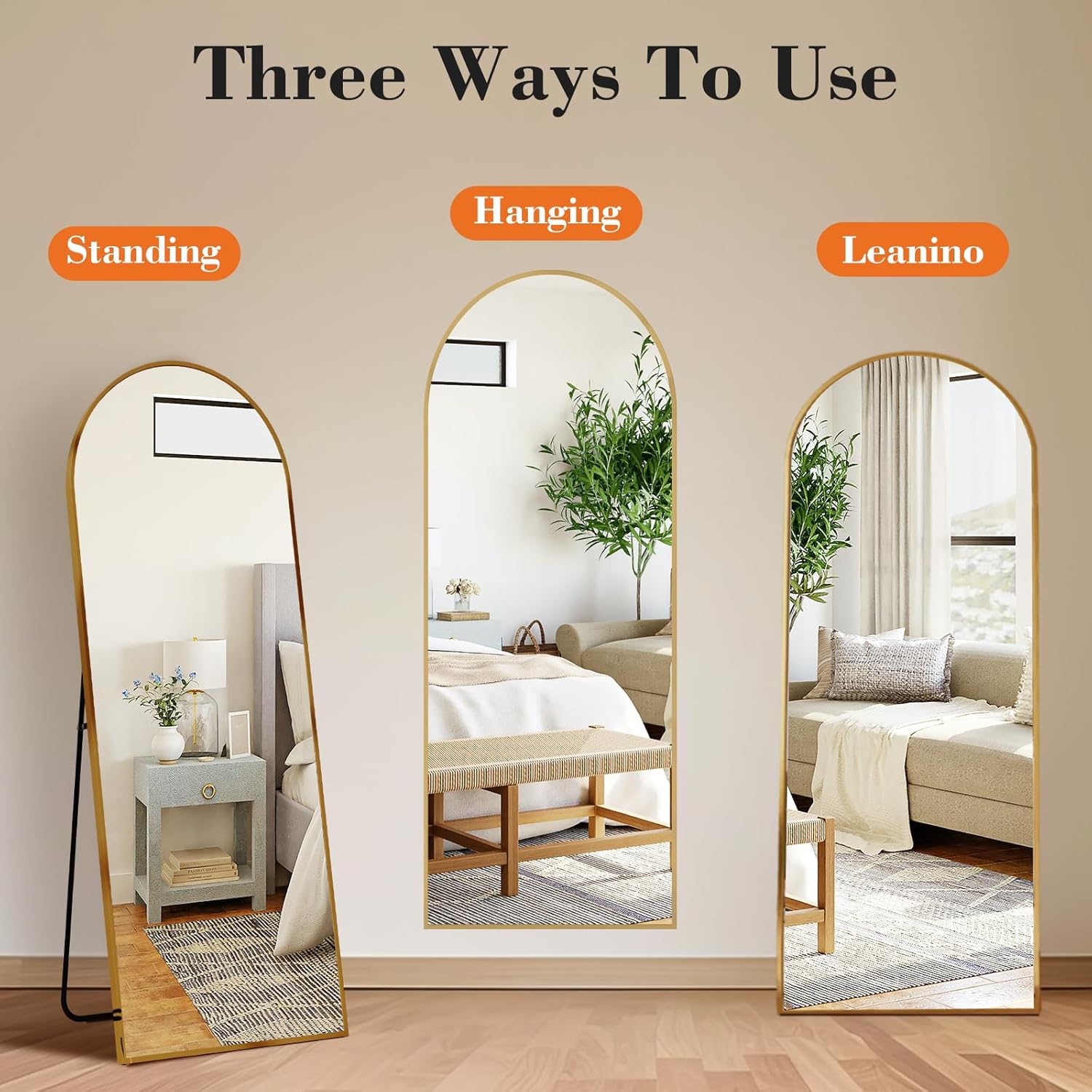 OLIXIS Arched Full Length Mirror 59"x16.3" for Bedroom, Full Body Mirror with Stand, Hanging or Leaning for Wall, Aluminum Alloy Thin Frame Floor Standing for Living Room, Long, Gold