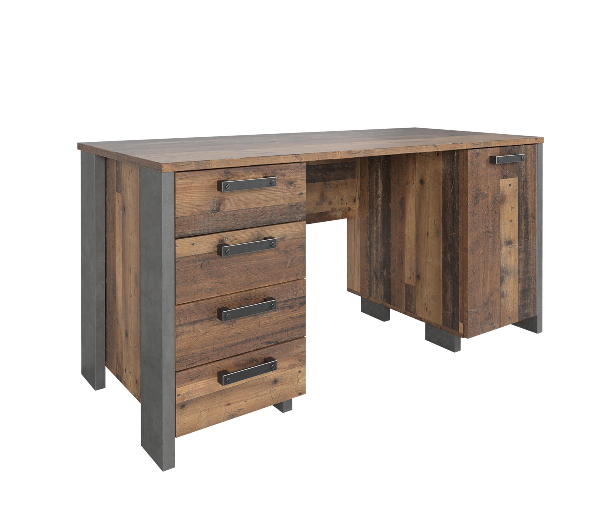 Forte Clif Schreibtisch 150 1160, moderner Schreibtisch mit 4 Schubladen und 1 Tür, Home Office, Holzwerkstoff, Old Wood Vintage Holzdekor/Betonoptik Grau, 155 cm breit x 73,5 cm hoch x 60 cm tief