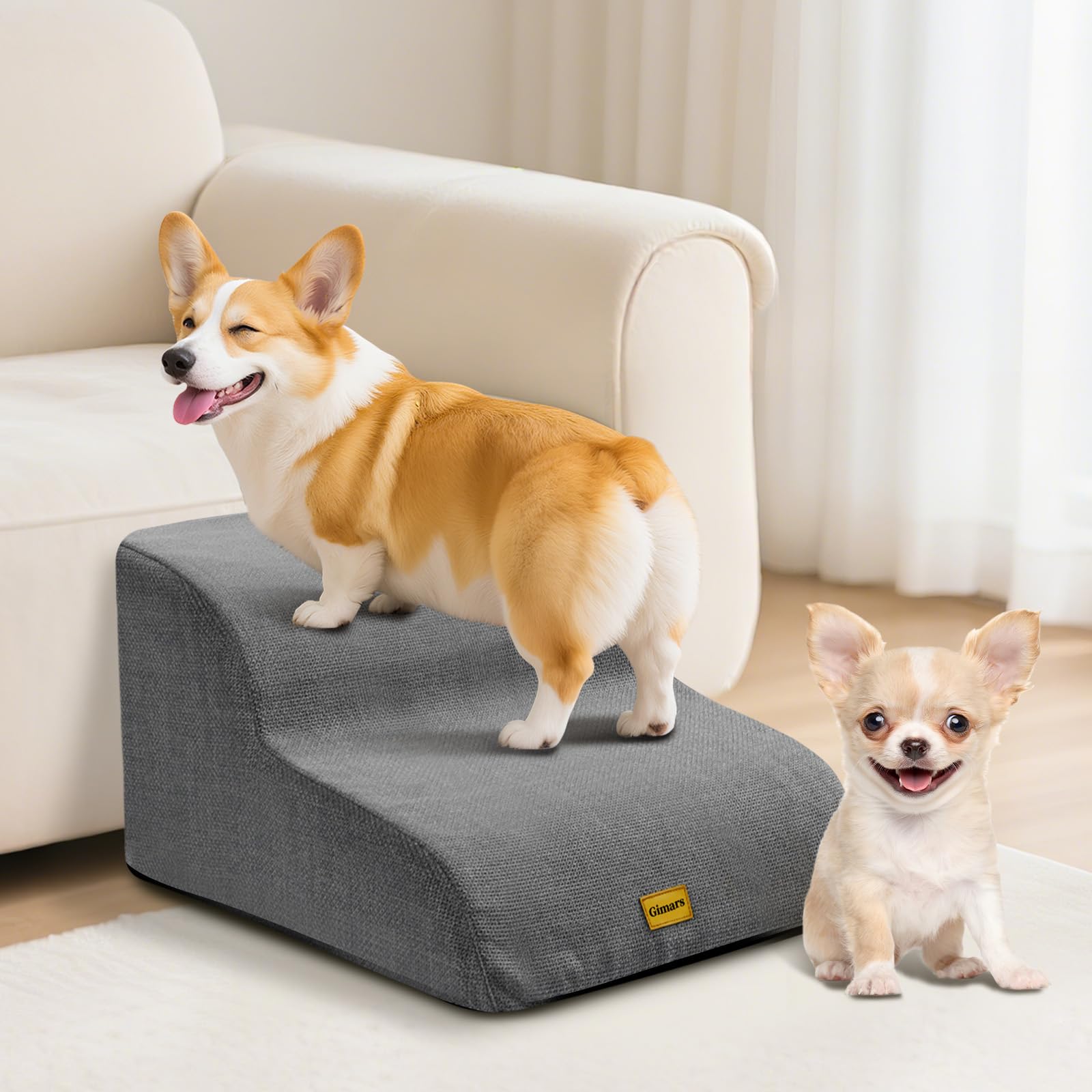 Gimars Scale per Cani 2 Gradini 55CM Lunghi Larghi per Cani Piccoli, Medi e Anziani, Altezza 30CM con Schiuma 33D Alta Densità, Rivestimento Lino, Base Antiscivolo, Supporta 30KG, per Letto e Divano