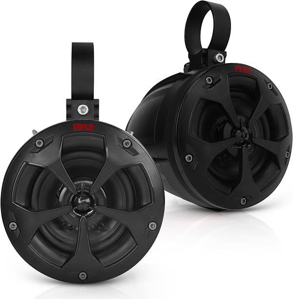 Pyle 4" Bocinas Bluetooth a Prueba de Agua para Todo Terreno - Sistema de Bocinas Amplificadas de 800W Pico para ATV/UTV, Carrito de Golf, Bote, Entrada Aux, para uso con Todos los Vehículos de 12V - PLUTV43BTA, Negro