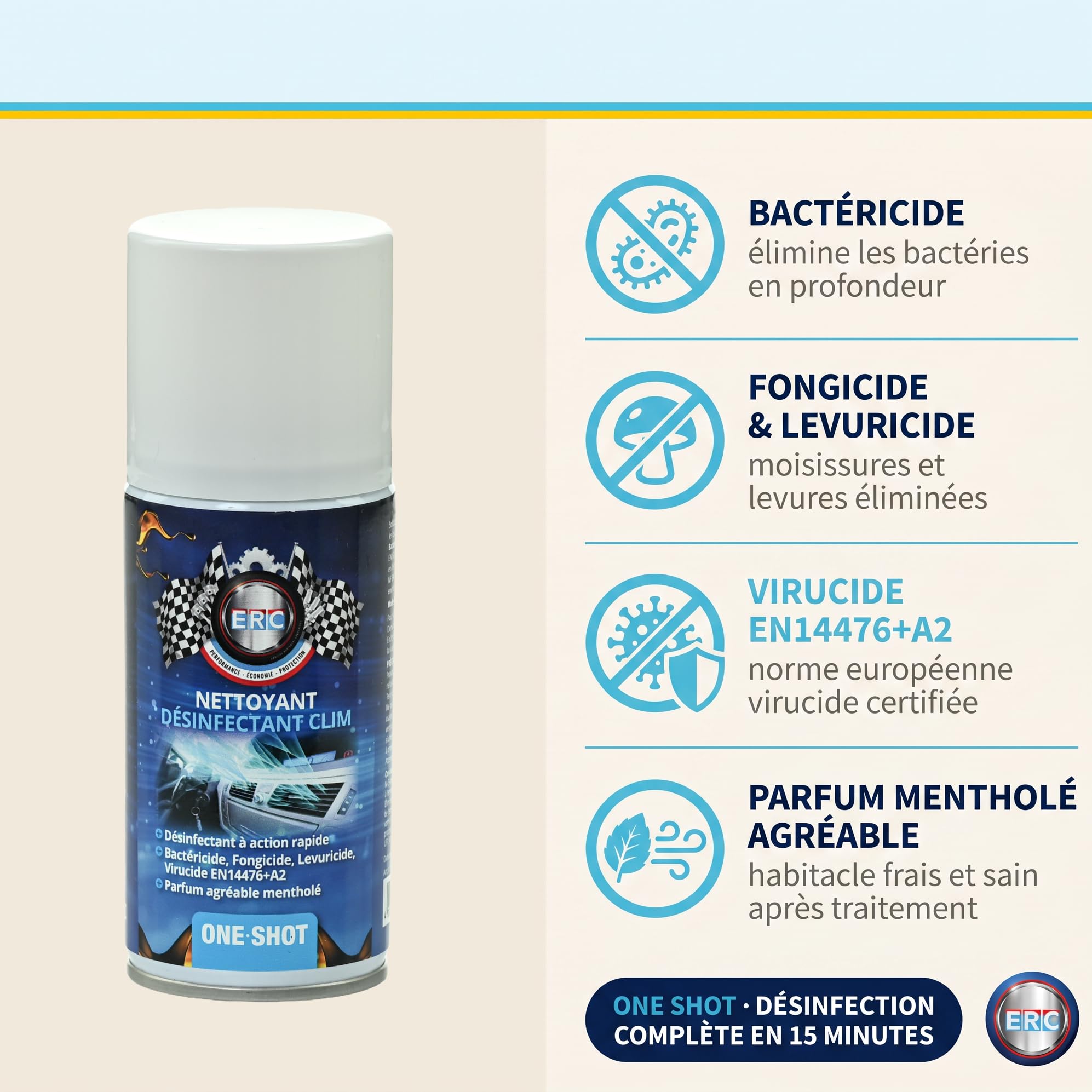 ERC | Désinfectant Clim Voiture One Shot Bactéricide Virucide | Élimine Bactéries, Moisissures, Champignons en 15 min | Diffusion Automatique Spray Mentholé | Norme EN14476 Fongicide | 150 ml