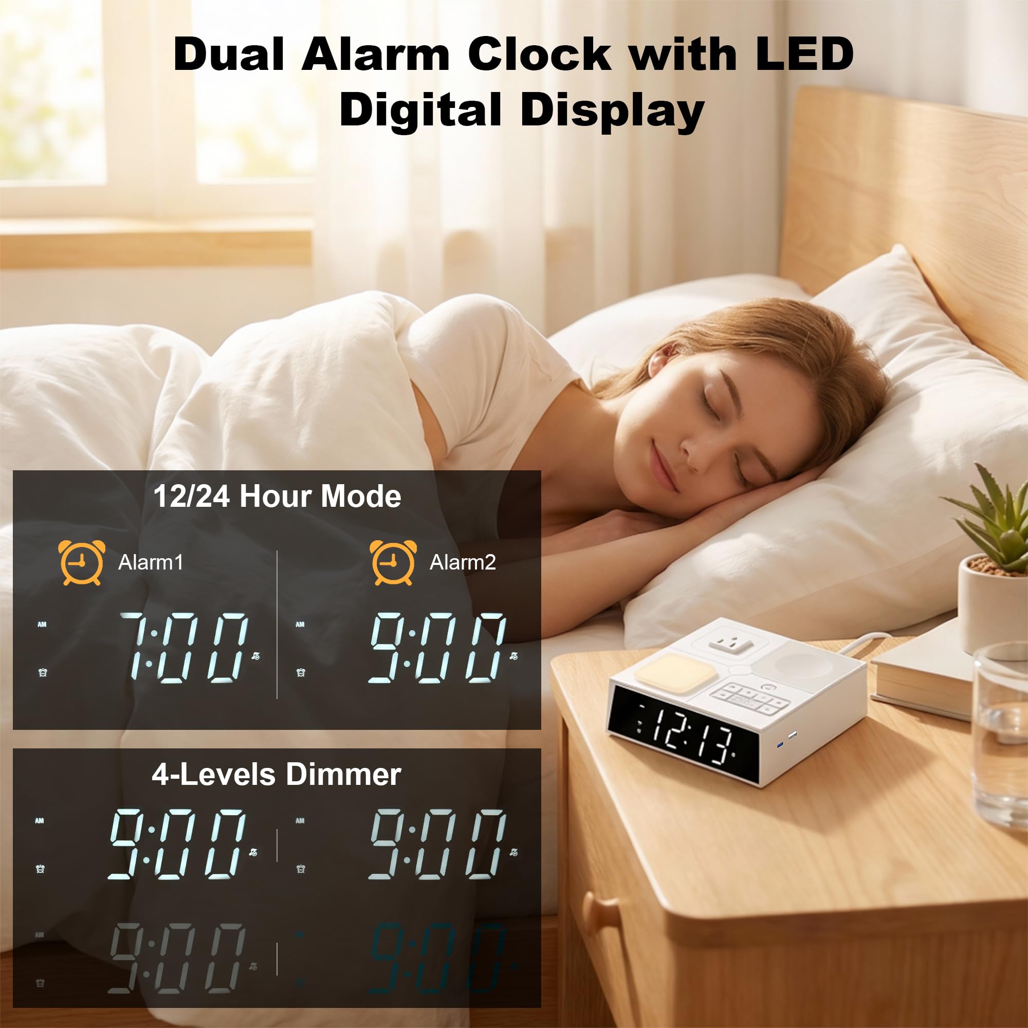Sveglia con caricatore USB e prese AC, orologio digitale per chi dorme pesante, adulti, bambini e ragazzi, stazione di ricarica da comodino (luce notturna e musica per dormire)